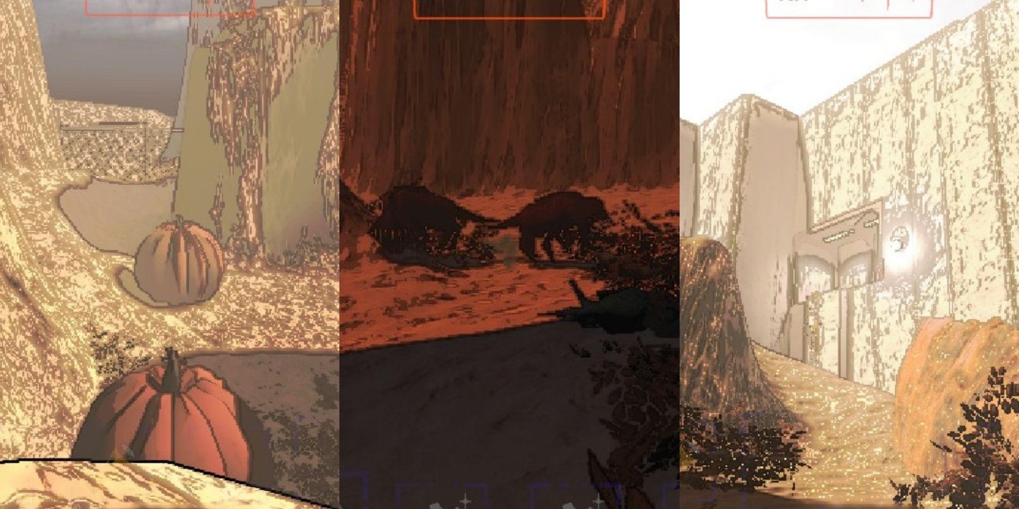 Split image featuring Offense's landscape with giant pumpkins on it during the day, two Eyeless Dogs wandering during an Eclipse, and the main complex of Offense from far away in Lethal Company.