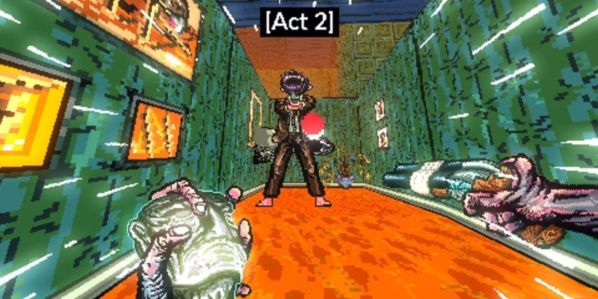 The player character holding the health idol in one hand an a sawed off shotgun in the other, aiming at a strange enemy in a close-quarters green-orange retro environment.