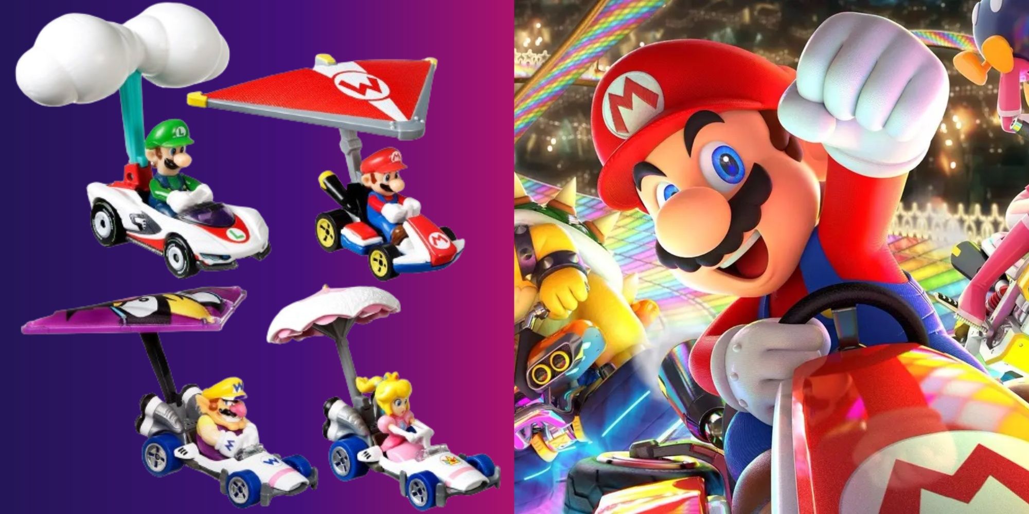 Mario-Kart-Hot-Wheels-Autos und Mario auf der Rainbow Road