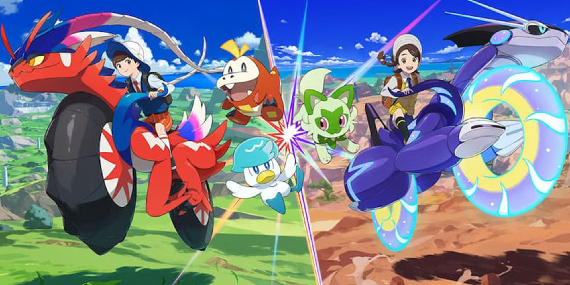pokemon scarlet and violet characters riding koraidon and miraidon with the paldean starters