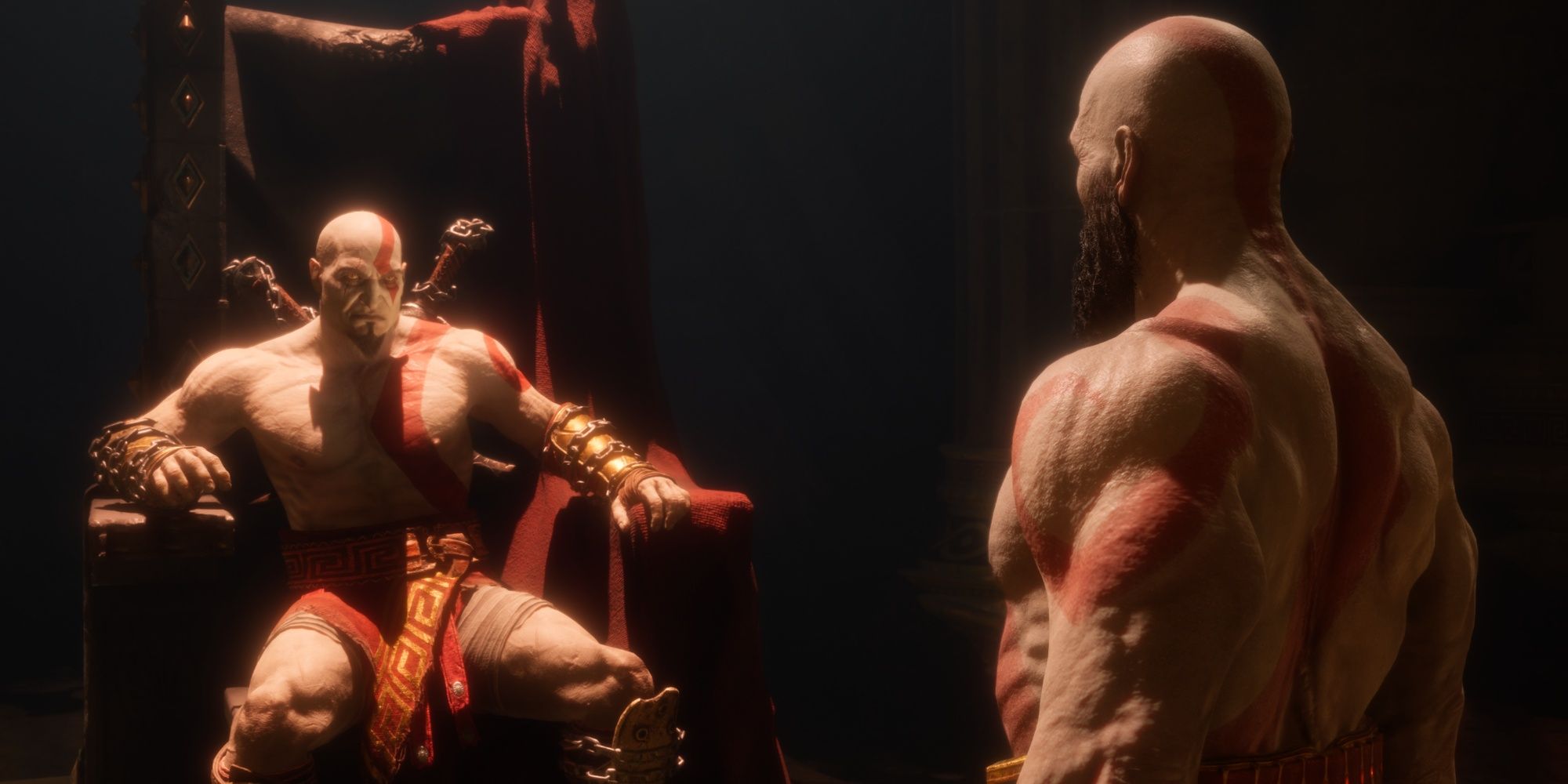 God of War Ragnarok Kratos on his throne looking at kratos in valhalla