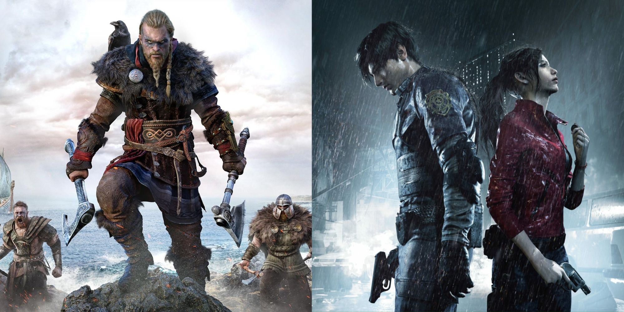 eivor in assassin's creed valhalla, and resident evil 2 characters in the rain