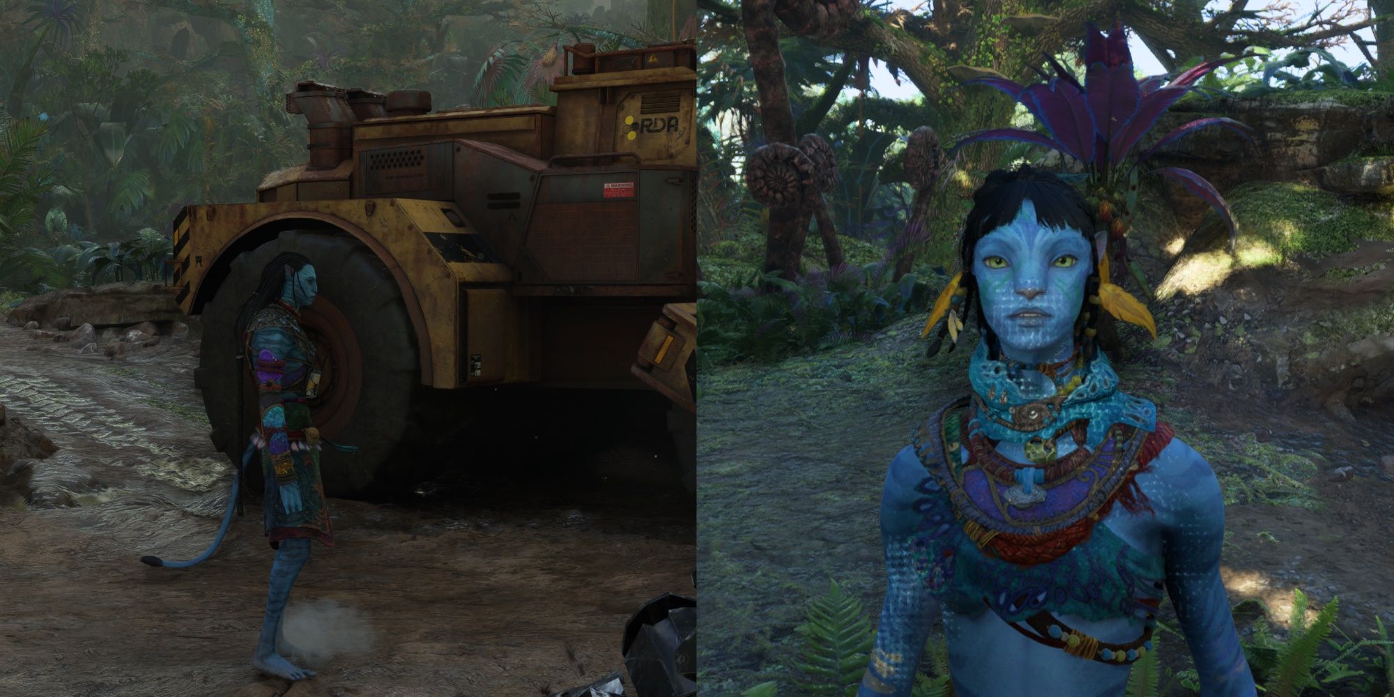 A collage of the protagonist in front of a machine with Aleymun near Construction Site Echo in Avatar: Frontiers Of Pandora.