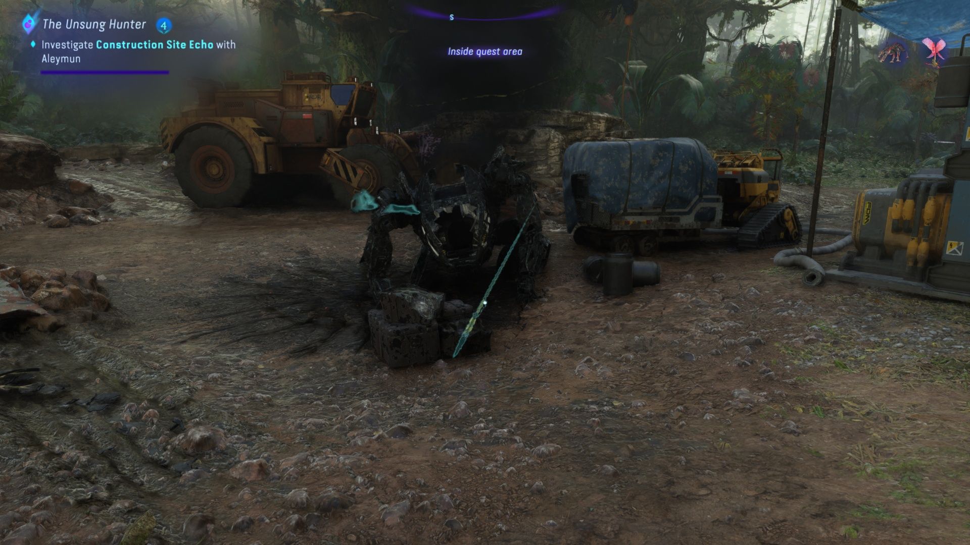 The broken spear stuck in the ground in Construction Site Echo in Avatar: Frontiers Of Pandora.