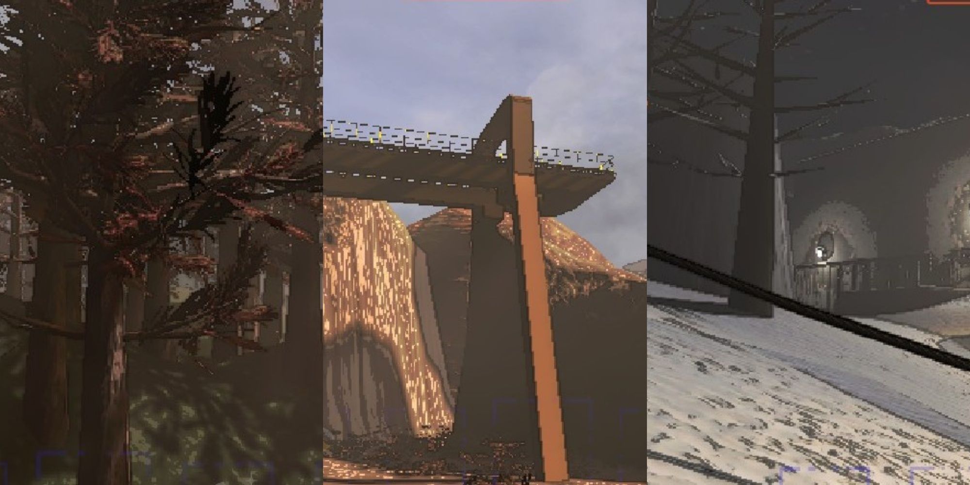 Split image showing a view of the forest on Vow during the afternoon, a large yellow platform on Offense during the day, and the entrance to the complex on Dine during the morning in Lethal Company.