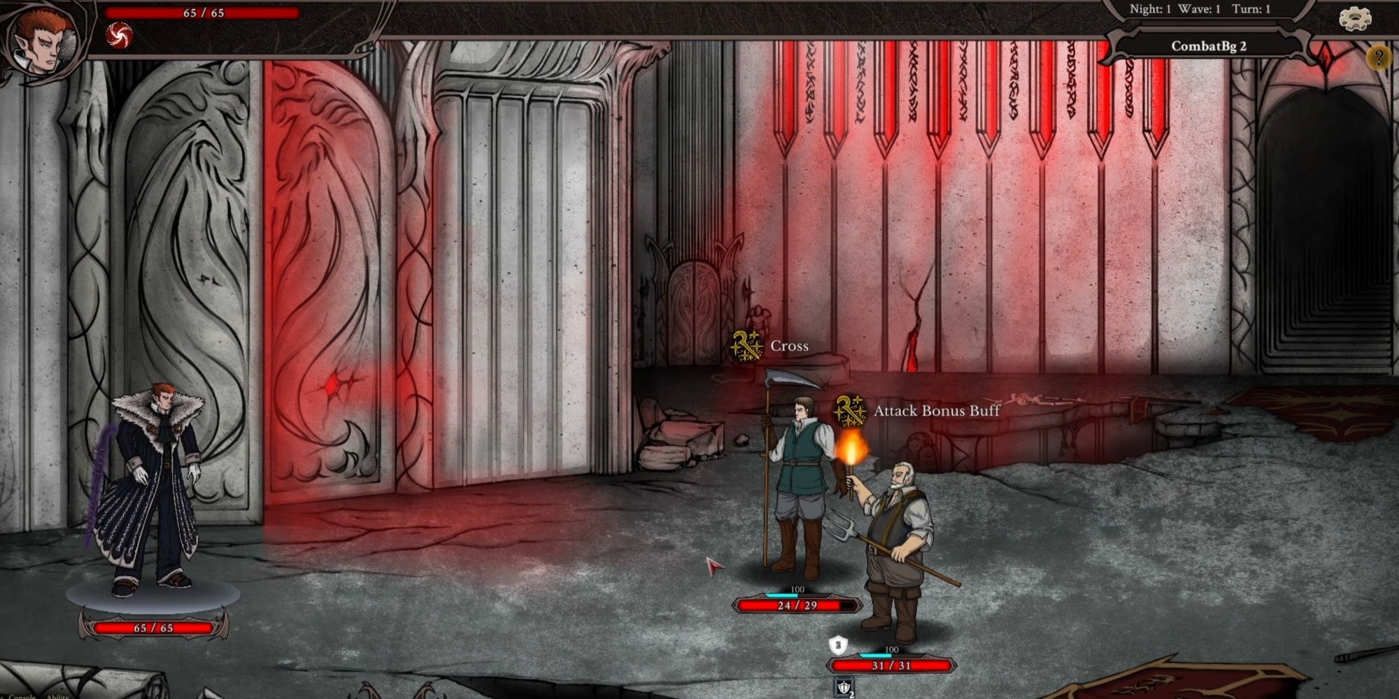 Your vampire lord character with health bar displayed underneath in one corner going up against two enemies with pitchforks and scythes in a castle environment.