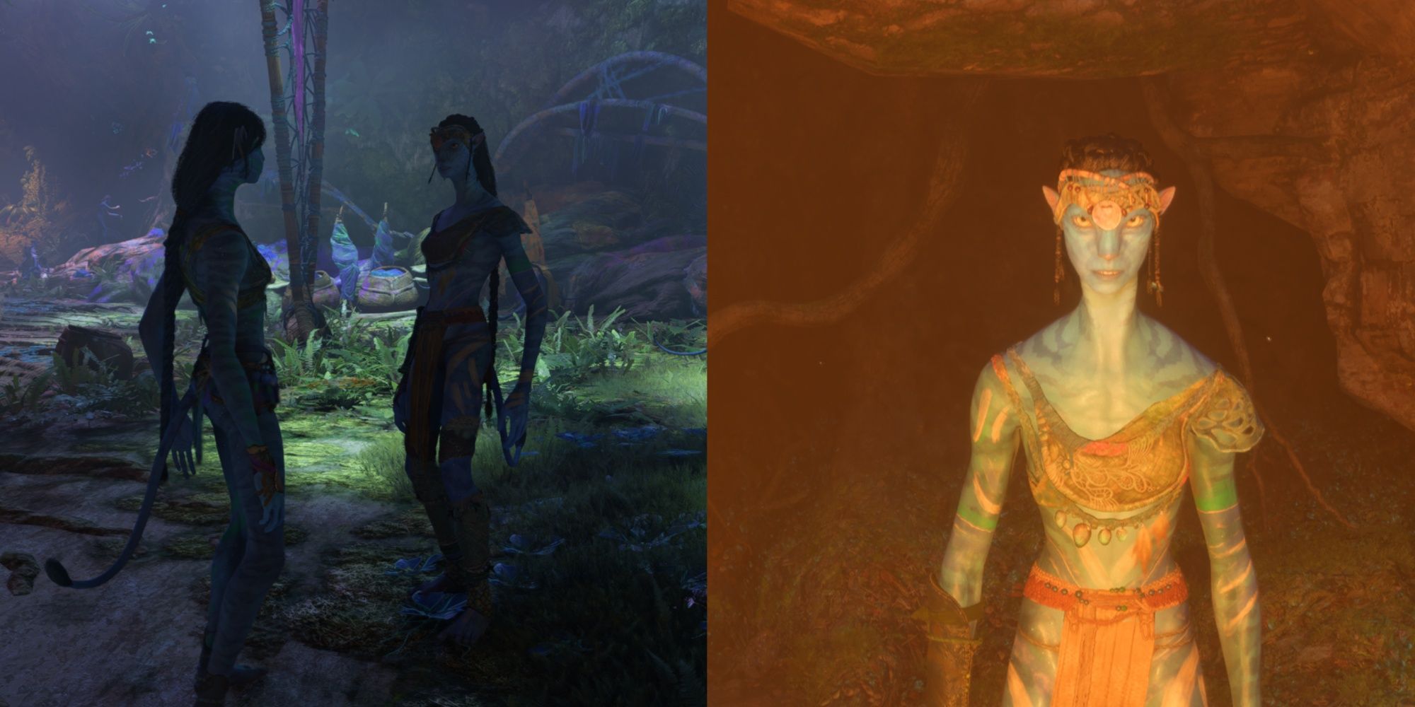 Eine Collage von Neytu und Vu'an, die mit Vu'an in einer Höhle in Avatar: Frontiers Of Pandora sprechen.