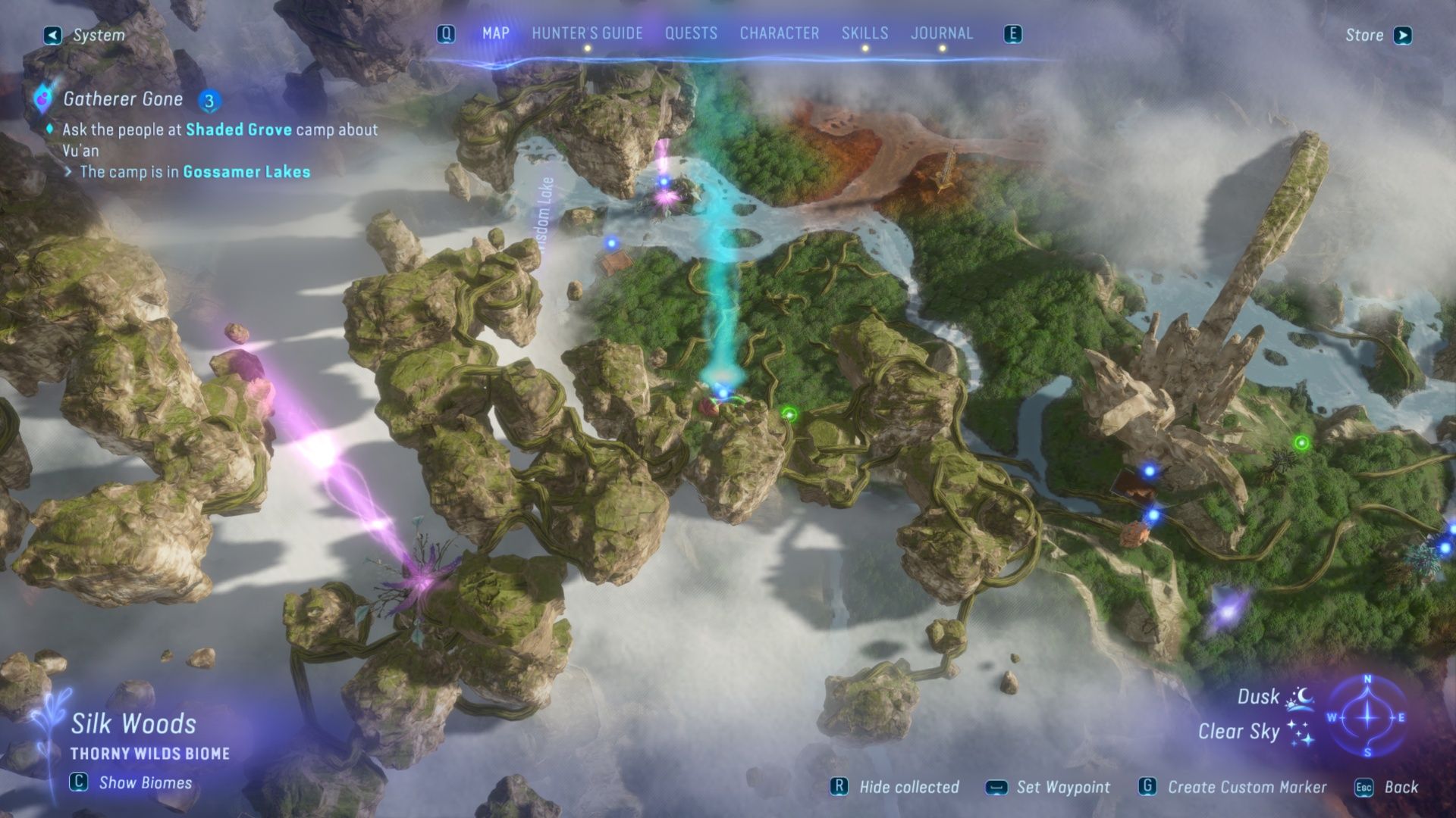 The map location for Shaded Grove, a required location during the Gatherer Gone Quest in Avatar: Frontiers Of Pandora.