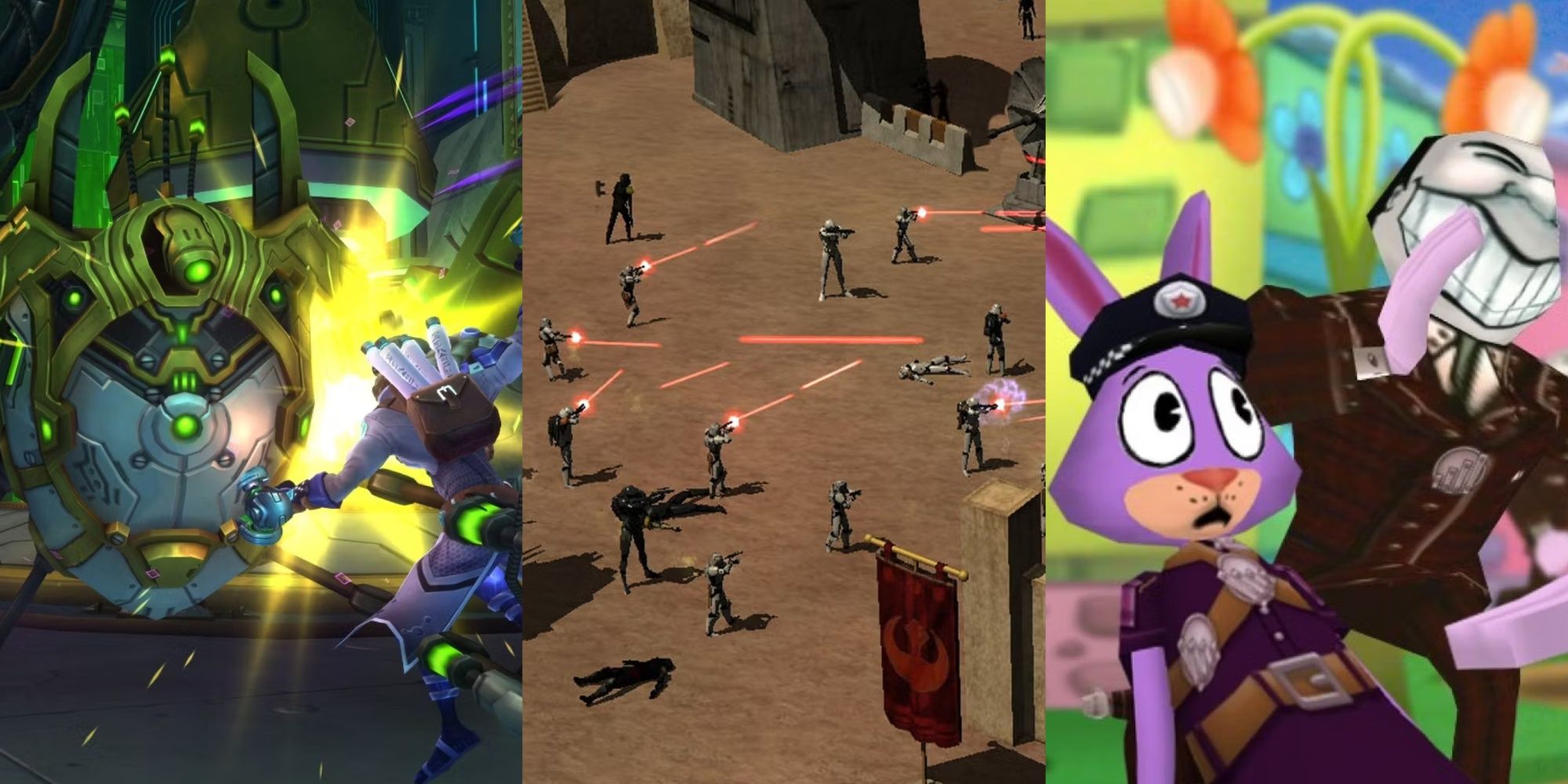 A collage showing gameplay of Wildstar Stalked, Star War Galaxies, and Toontown Rewritten.