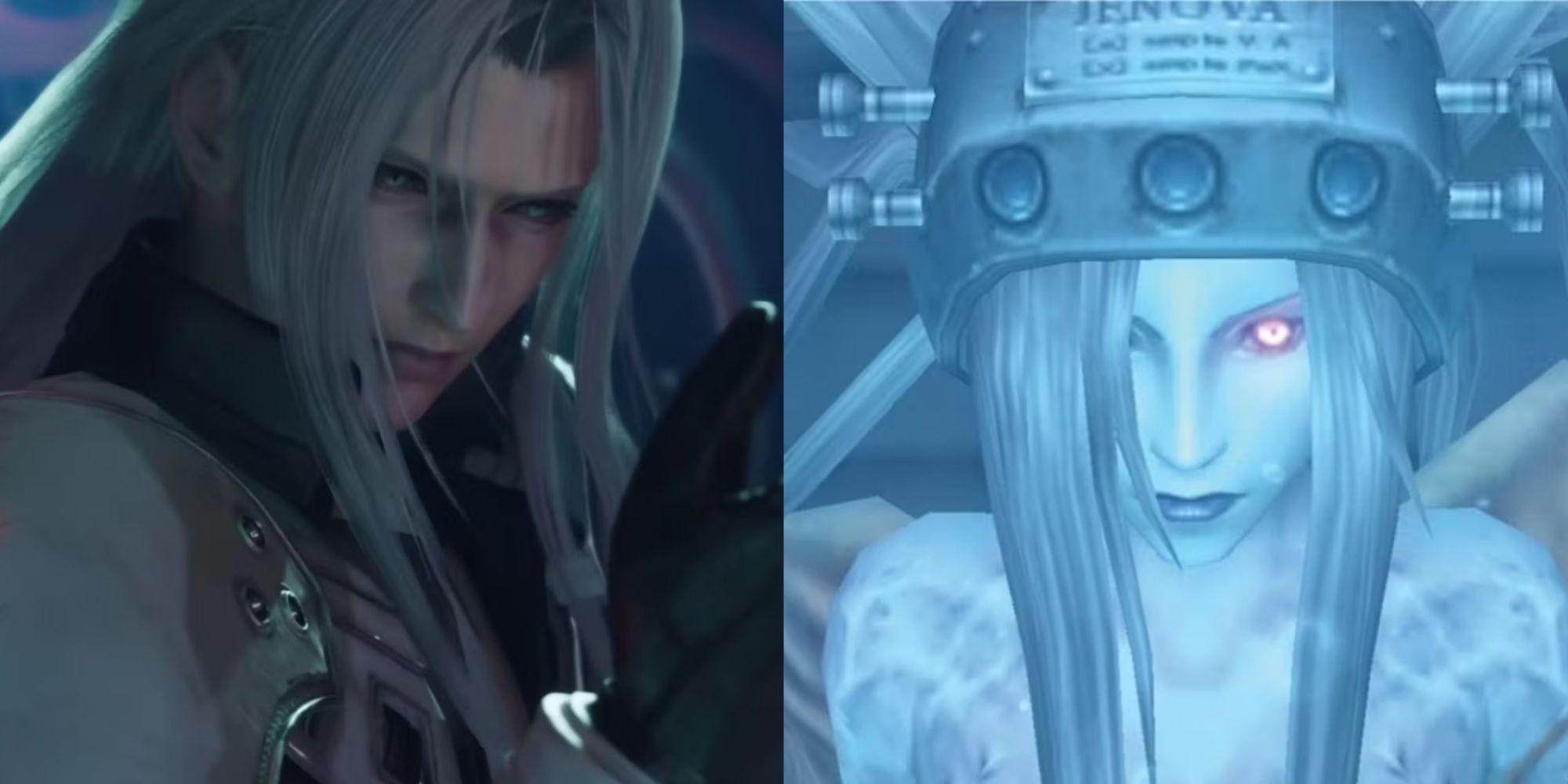 Final Fantasy 7 Sephiroth schaut auf seine Hand und Jenova in ihrem Sicherheitsrohr, von links nach rechts.