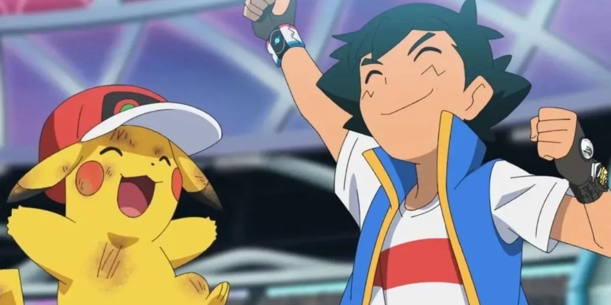 ash and pikachu celebrating in the pokemon anime