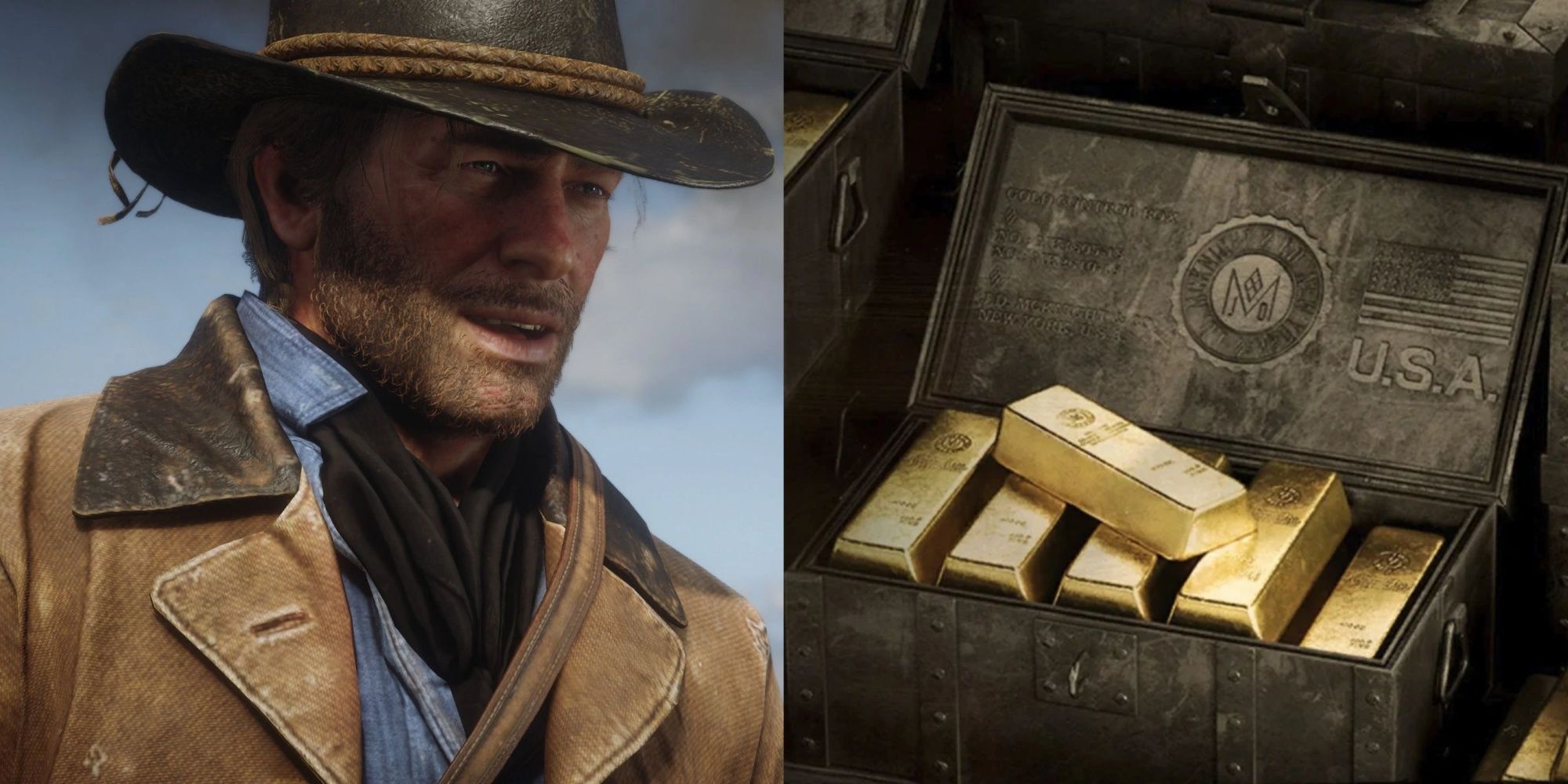 Split image showing arthur from red dead redemption 2 and a box full of gold bars