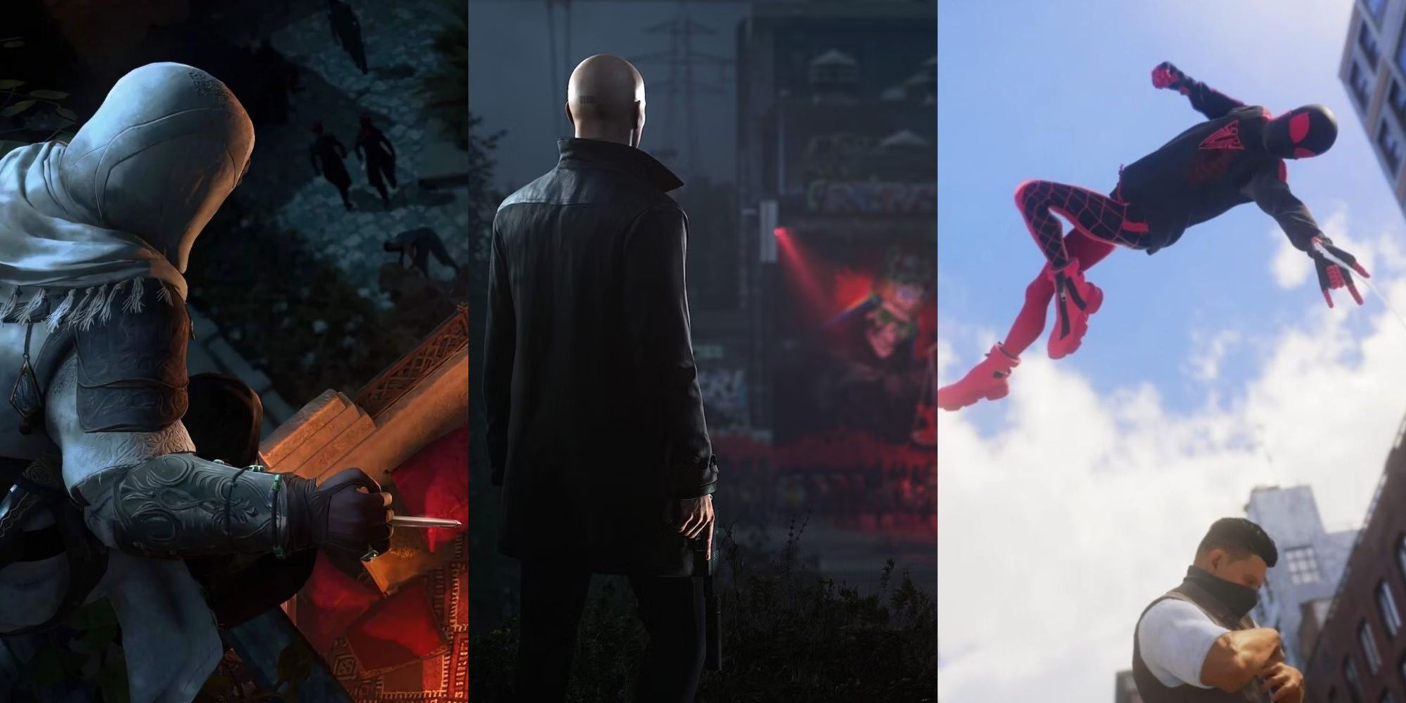 Three-image collage of Basim perched with hidden blade out from AC Mirage, Agent 47 with a silenced pistol in Hitman 3, and Miles getting a punch from the air on an unsuspecting enemy.