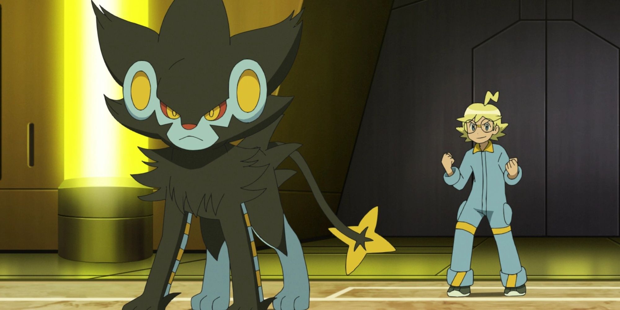 luxray with its trainer in the pokemon anime