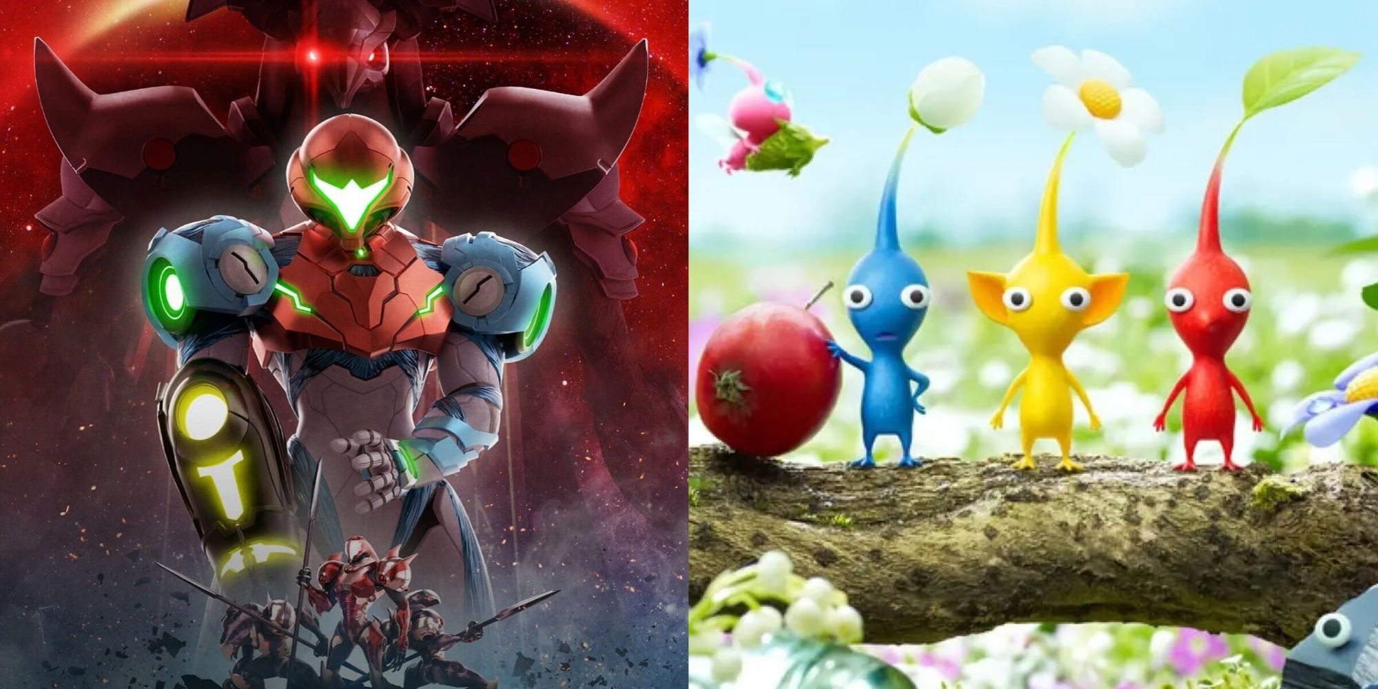 samus in metroid dread, and blue yellow and red pikmin on a branch