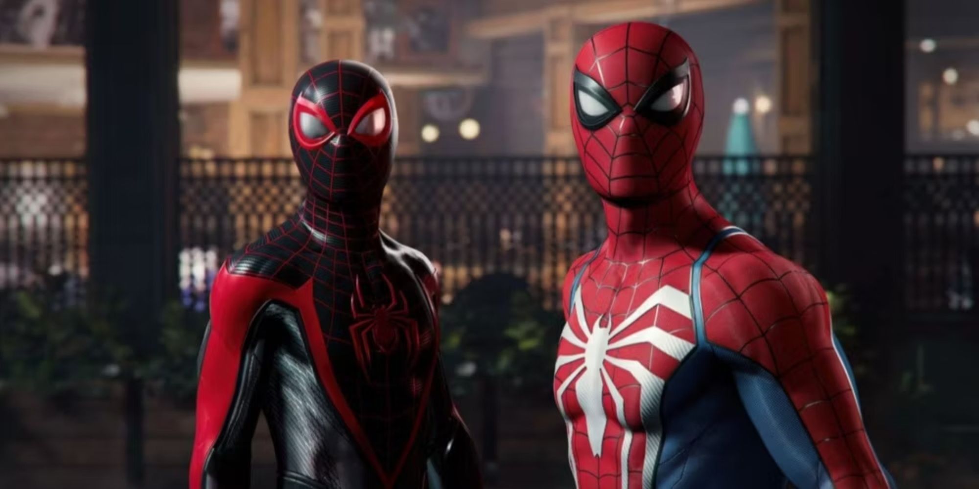 Peter and Miles standing side-by-side in awe of the symbiote monstrosity Venom revealing itself to them.