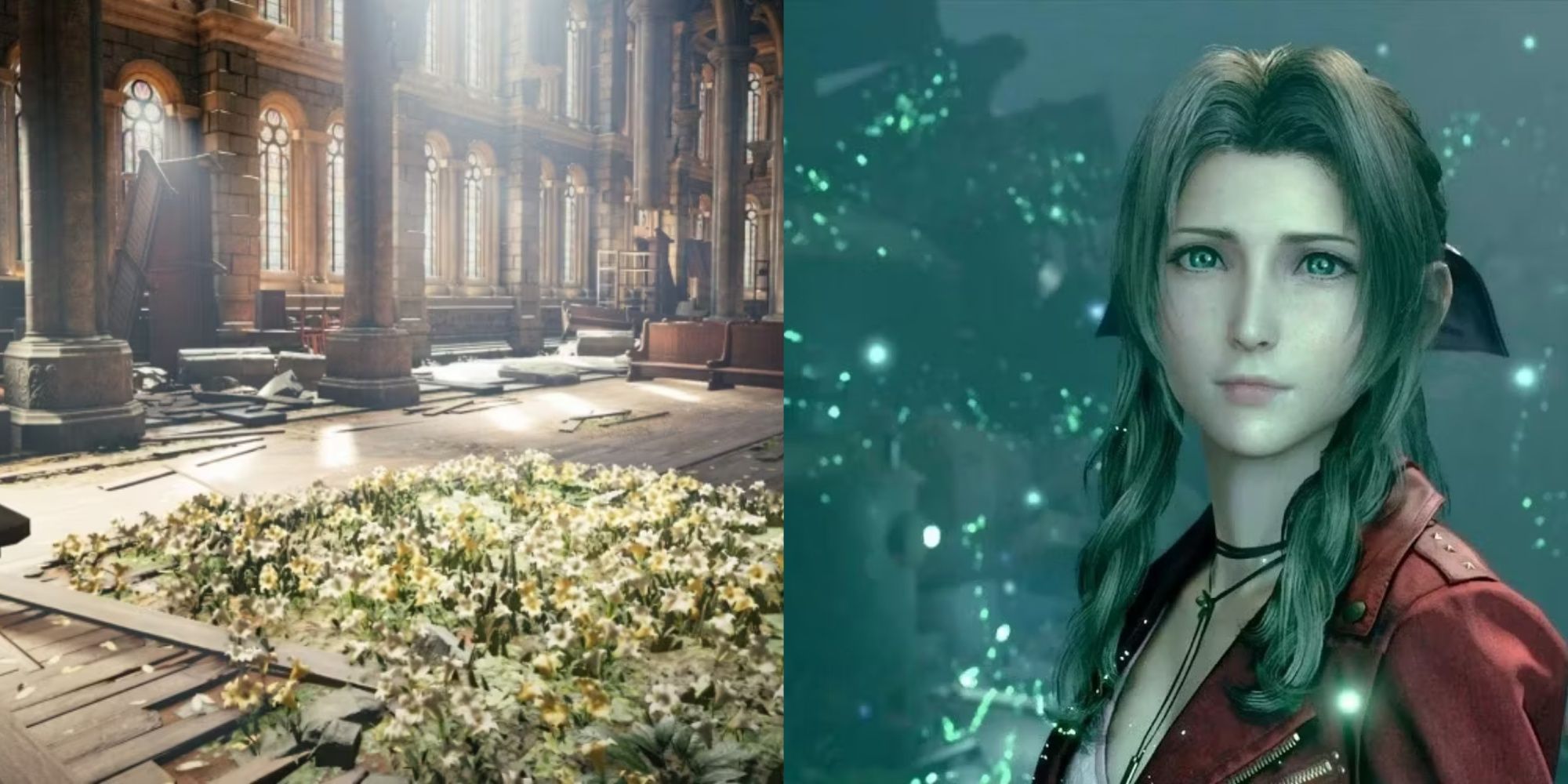Final Fantasy 7 Kircheninnenraum und Blumenbeet und Aerith, umgeben von Mako-Federn, von links nach rechts
