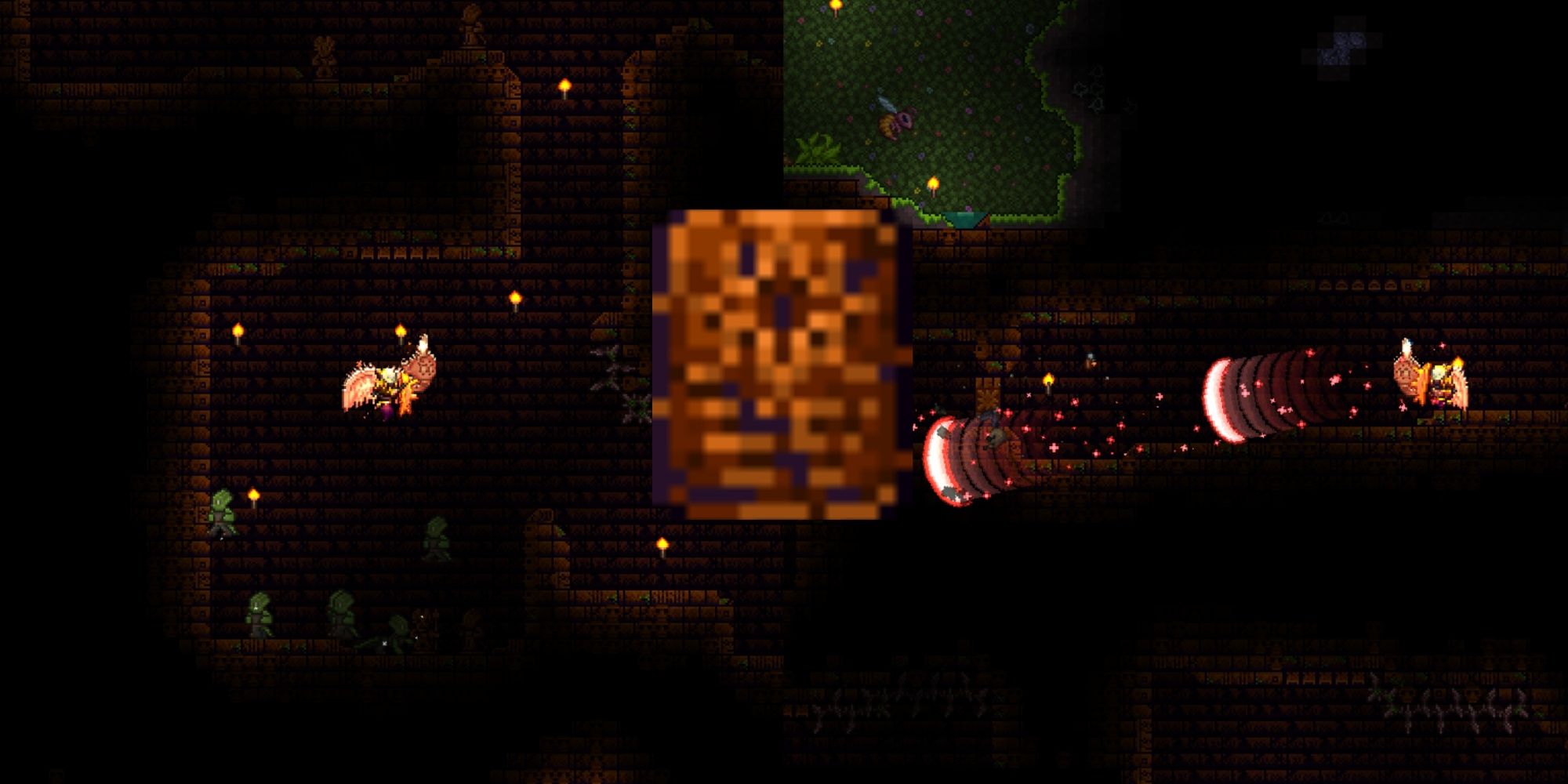Split image featuring a player character hovering above several Lihzahrd enemies in the Jungle Temple and a player character firing sword projectiles at an enemy in the Jungle Temple, and a Solar Tablet item on top of them in Terraria.