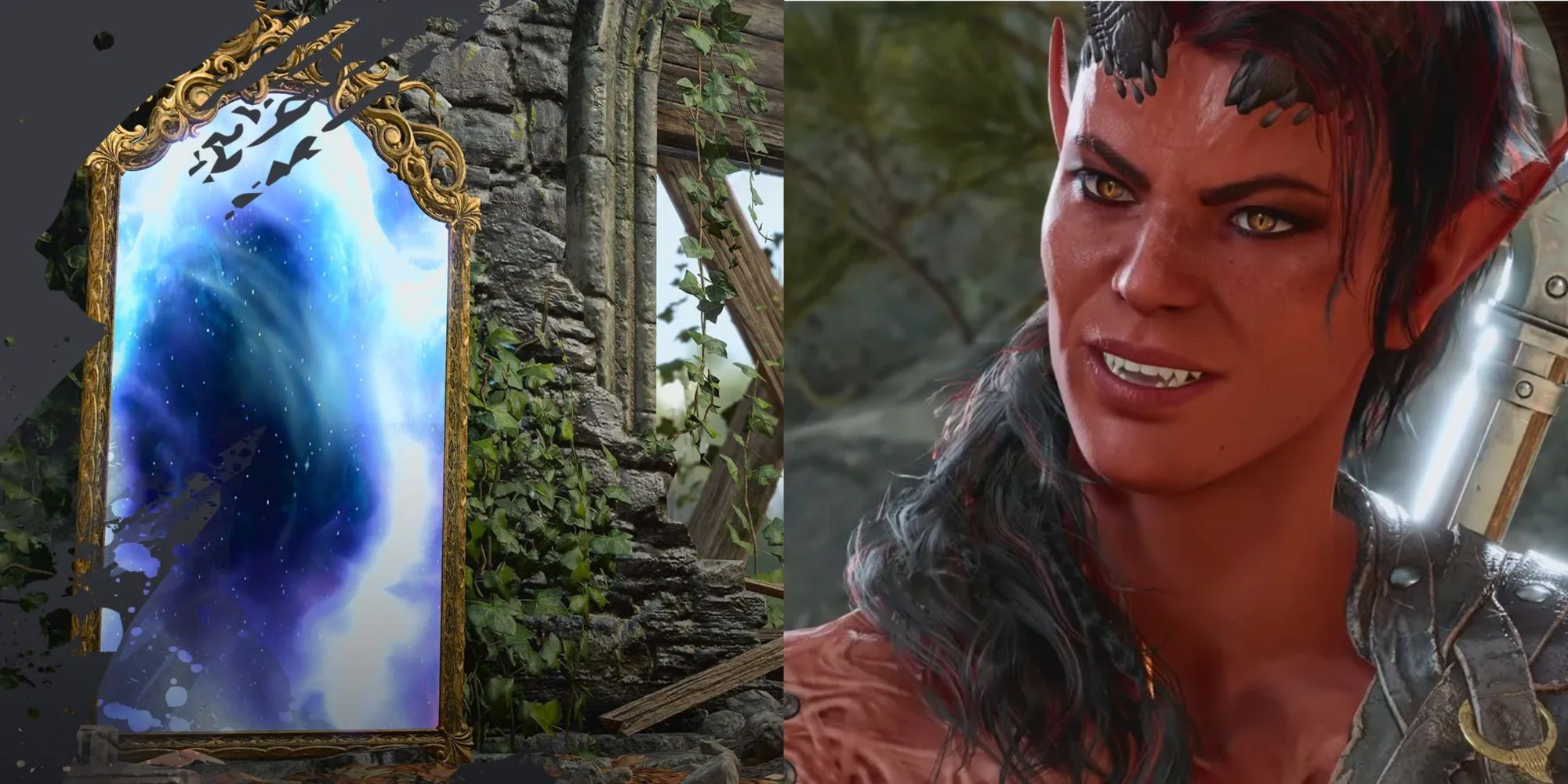 geteiltes Bild, das einen lächelnden Karlach und den Zauberspiegel in Baldur's Gate 3 zeigt