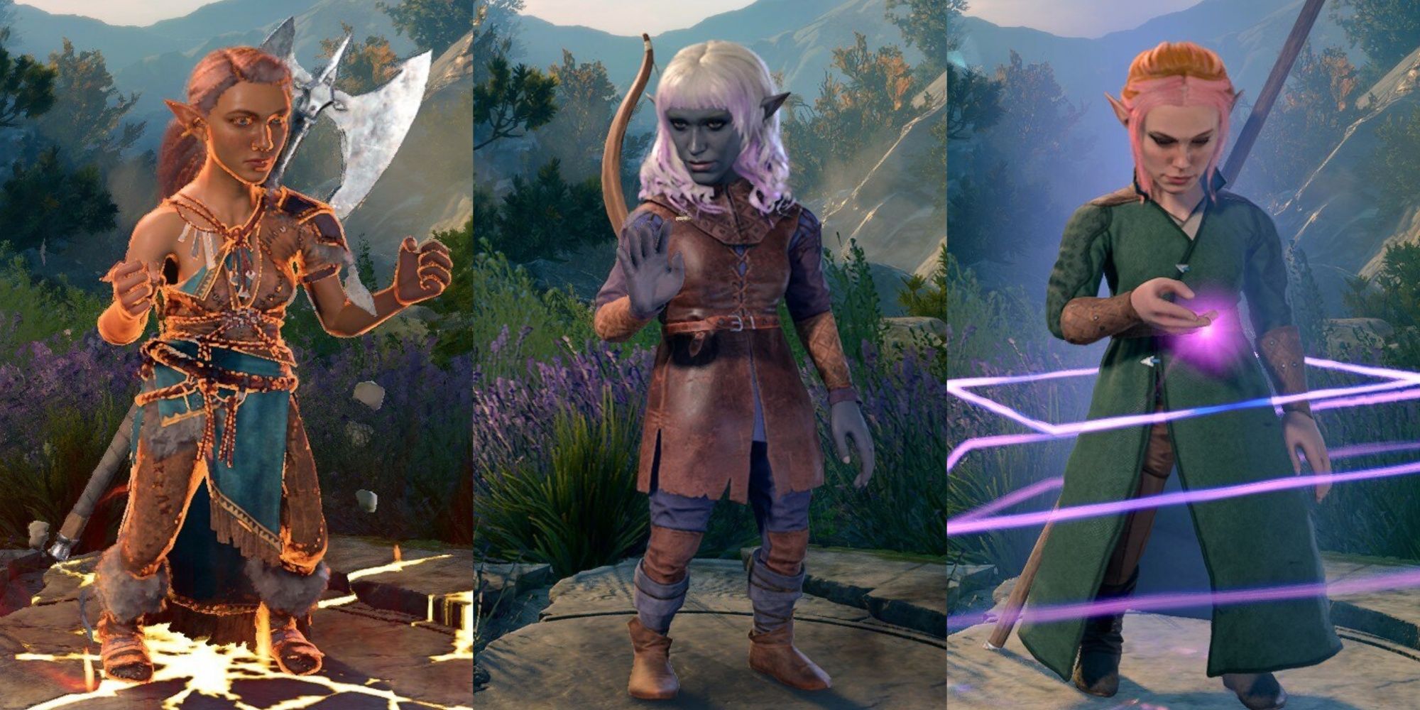 split image showing a forest gnome barbarian, a deep gnome rogue, and a rock gnome wizard in baldur's gate 3