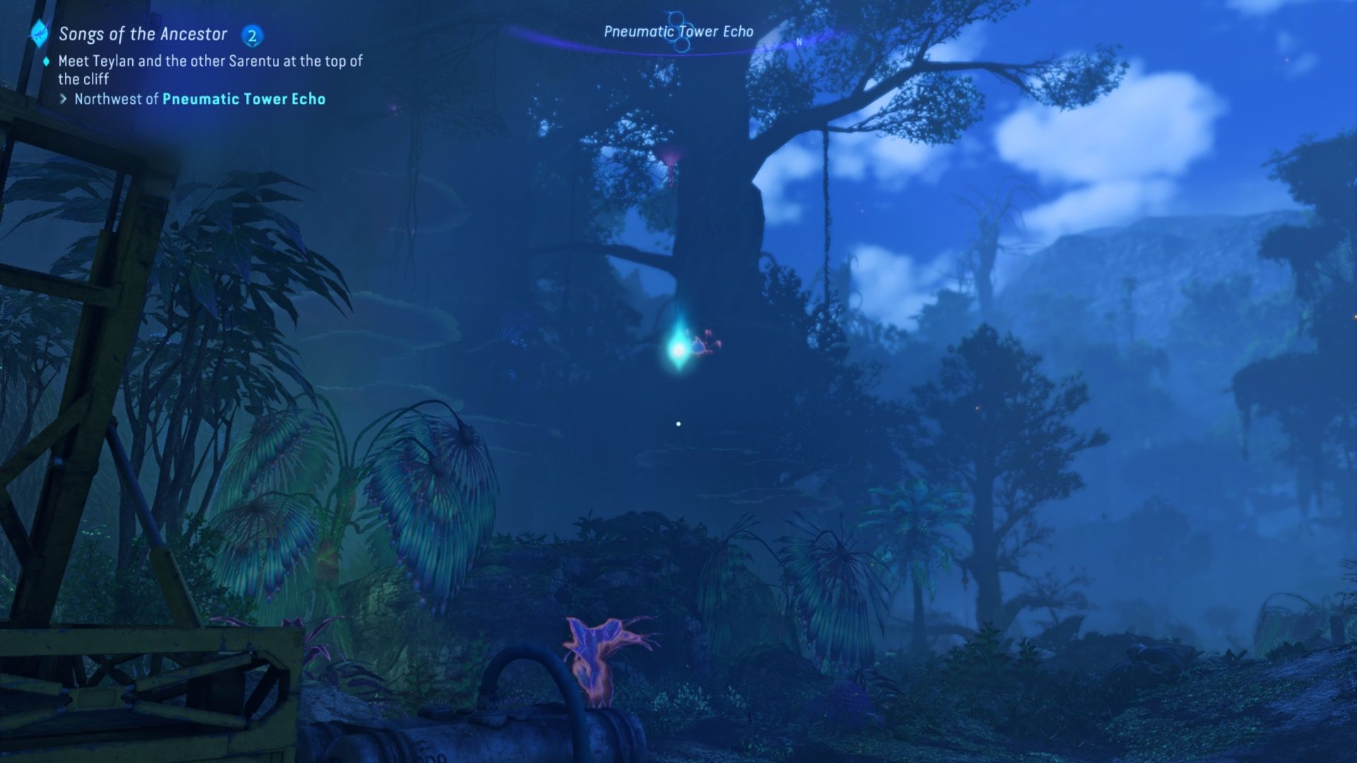 Der Wegpunkt für die Quest „Lieder des Ahnen“ aus „Das Echo des pneumatischen Turms“ in Avatar: Frontiers Of Pandora.