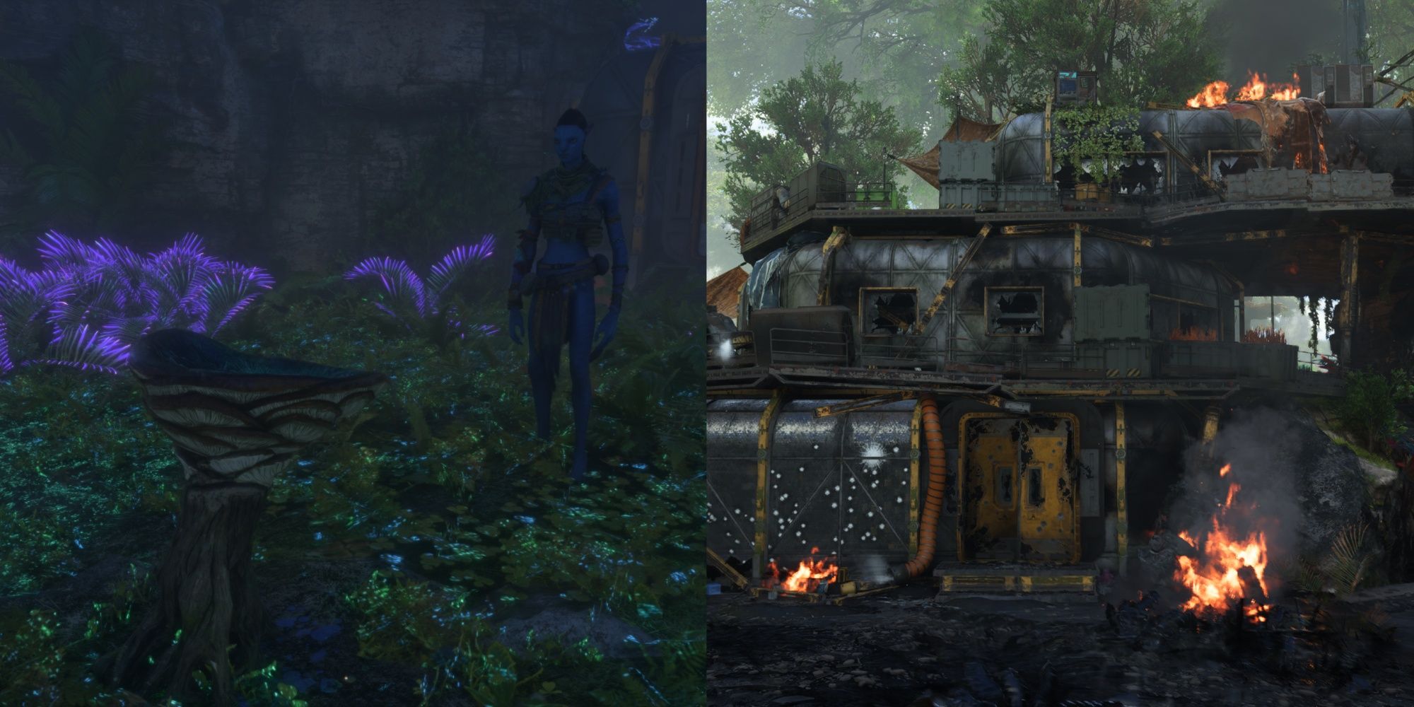 A collage of Nor's clue and the destroyed facility in Avatar: Frontiers Of Pandora.