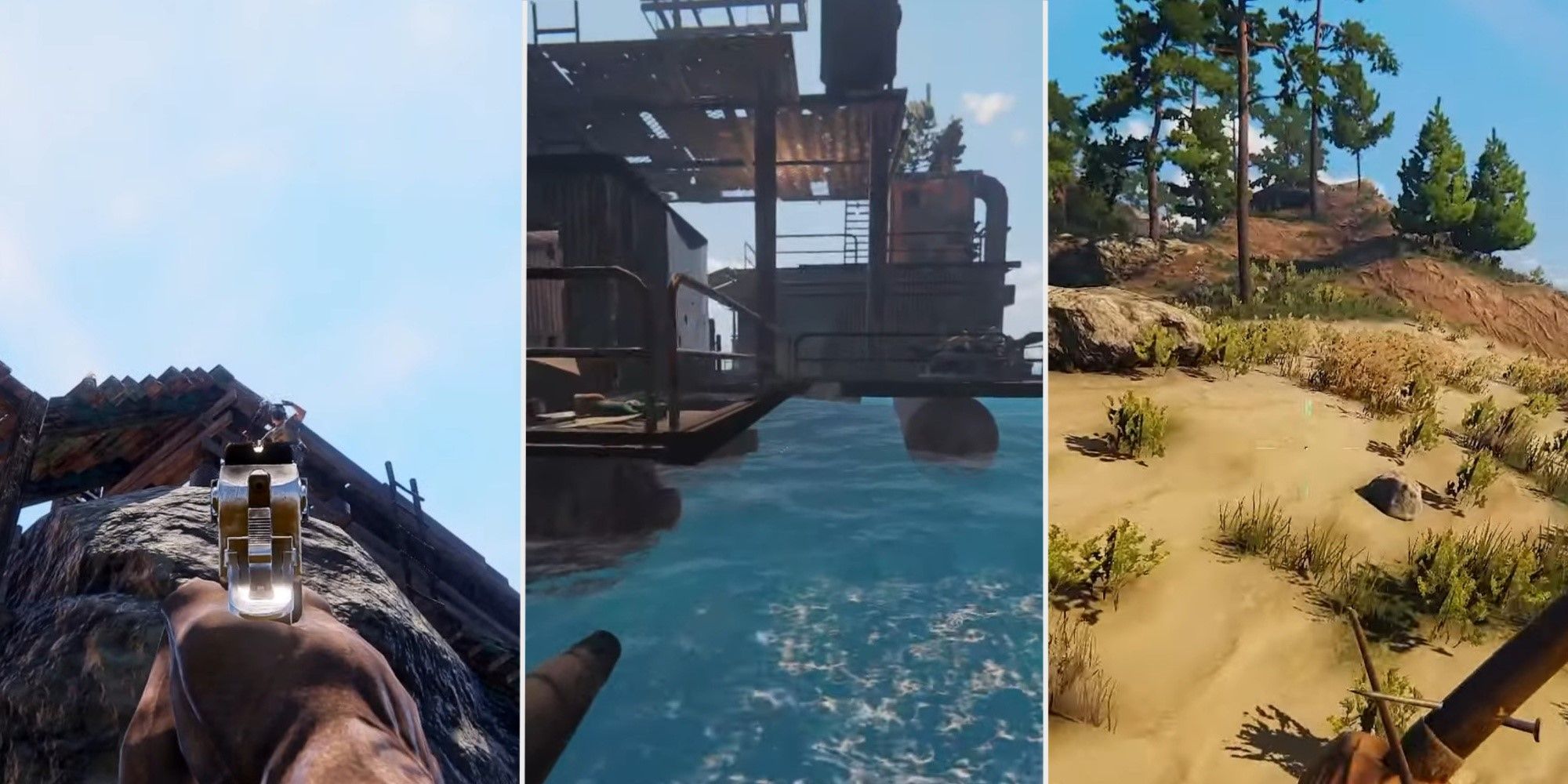 A split image showing the Green Isles, Trader Outpost and Rubber Duck Island in Sunkenland