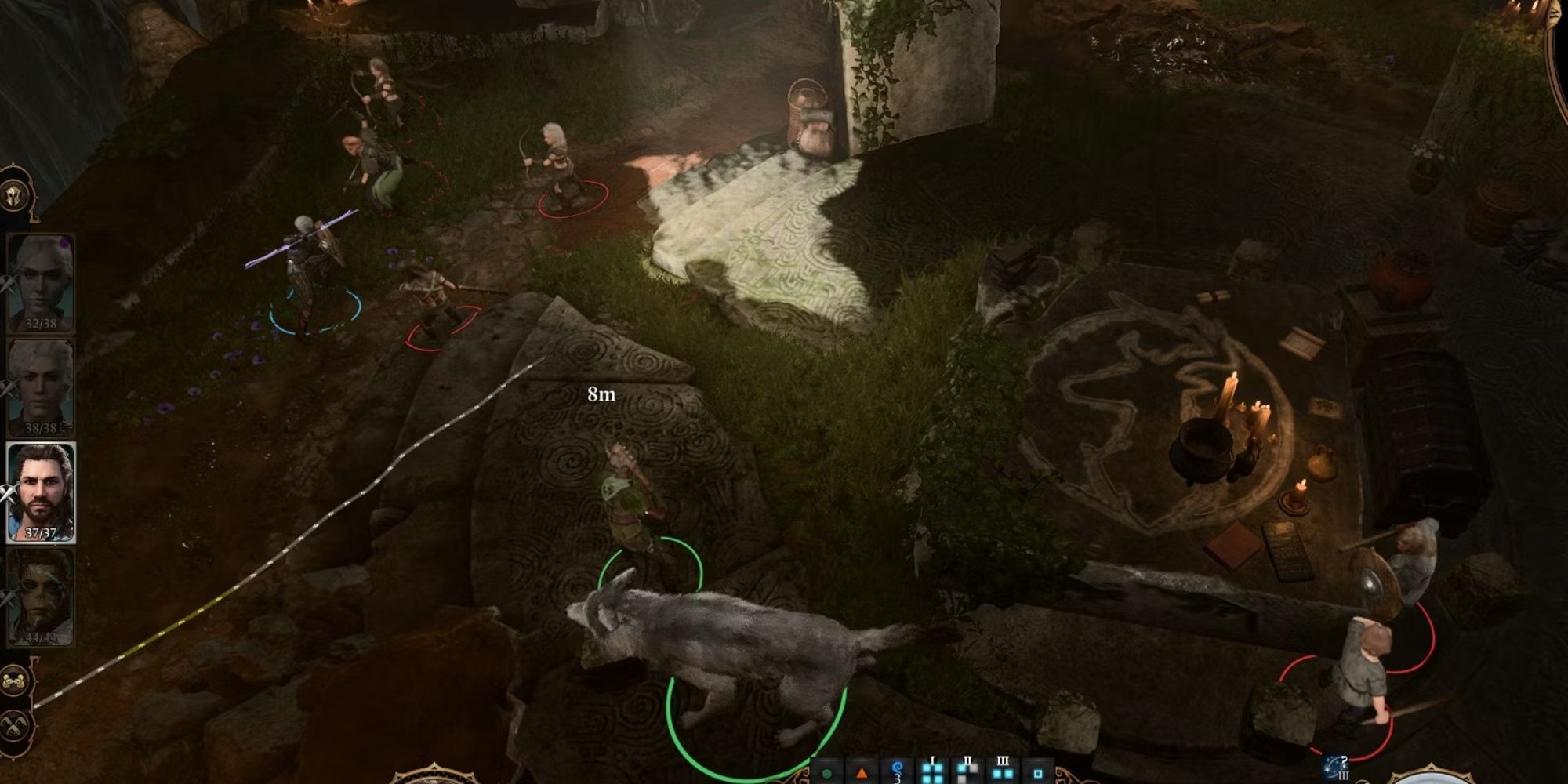 The player engaged in a battle in Kagha's domain with animals, shadow druids, and other druids coming to her defense.