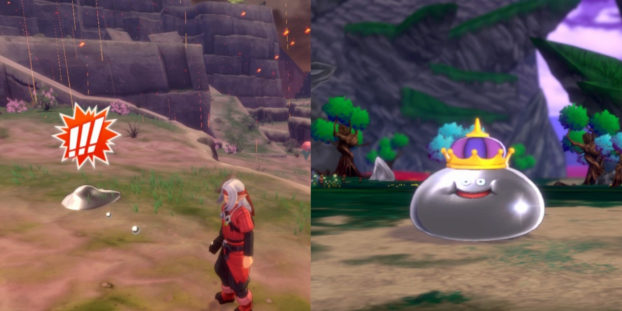 Split image featuring a shocked Liquid Metal Slime running from Psaro and a King Metal Slime entering into battle in the Circle of Conquest's Upper Echelon in Dragon Quest Monsters: The Dark Prince.