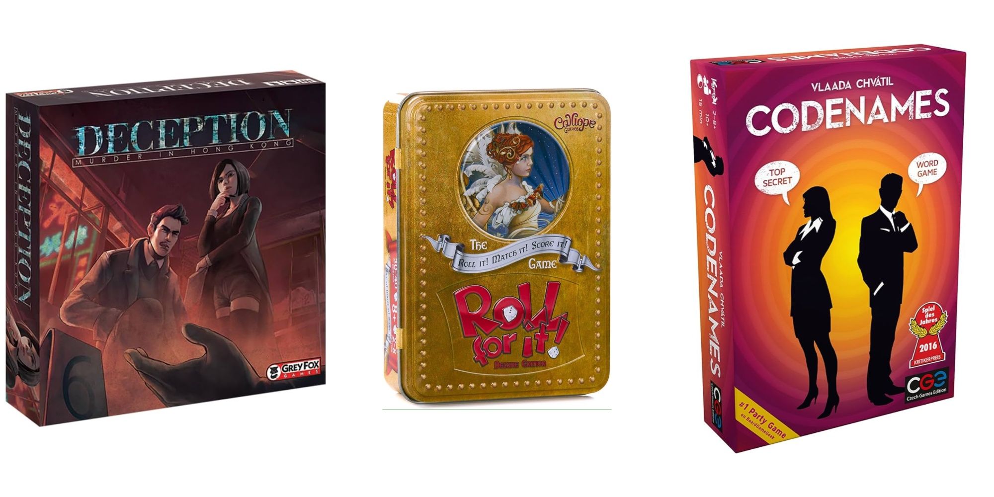 three board games, Deception: Murder in Hong Kong, Roll For IT and Codenames