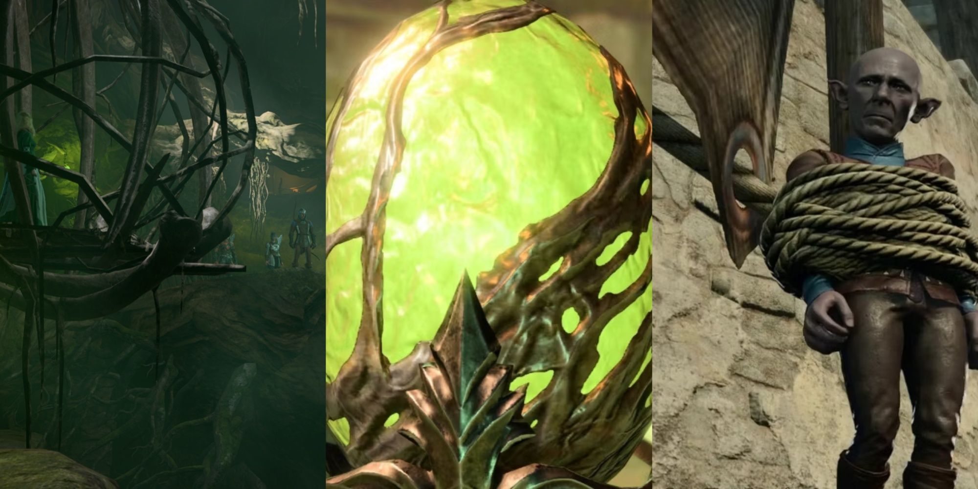 Three-image collage of Mayrina in a cage in the hag's lair, a Githyanki egg, and Barcus Wroot strapped to the windmill.