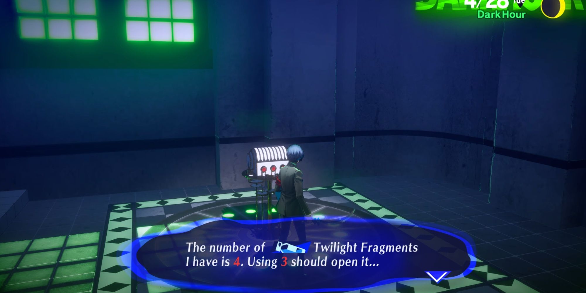 Main character standing next to a twilight fragment chest in Persona 3 Reload.