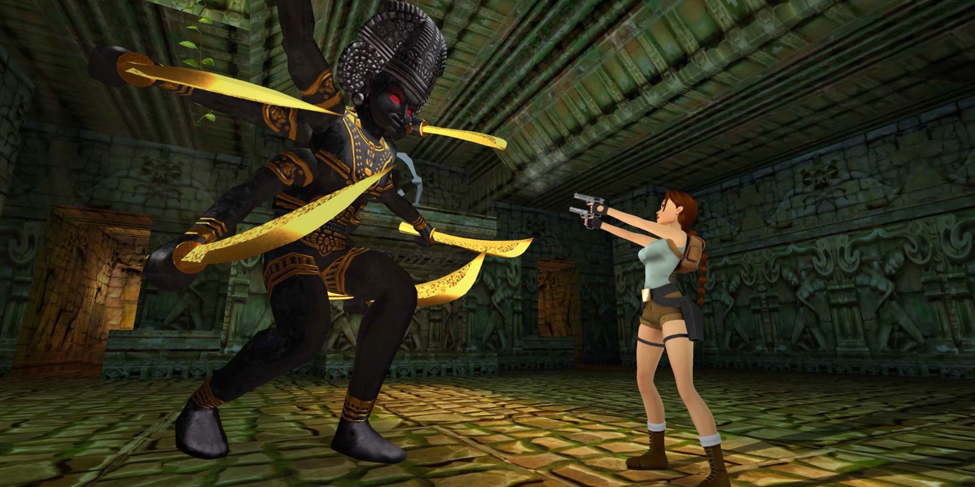 lara croft pointing her guns at a boss in the remastered tomb raider trilogy
