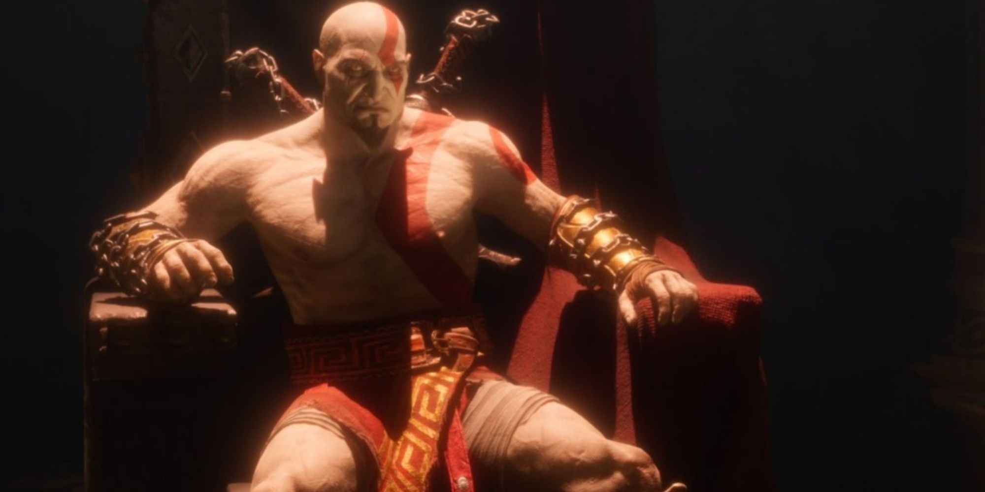 The new version of Young Kratos sitting on a throne chair in Ragnarok's Valhalla DLC.