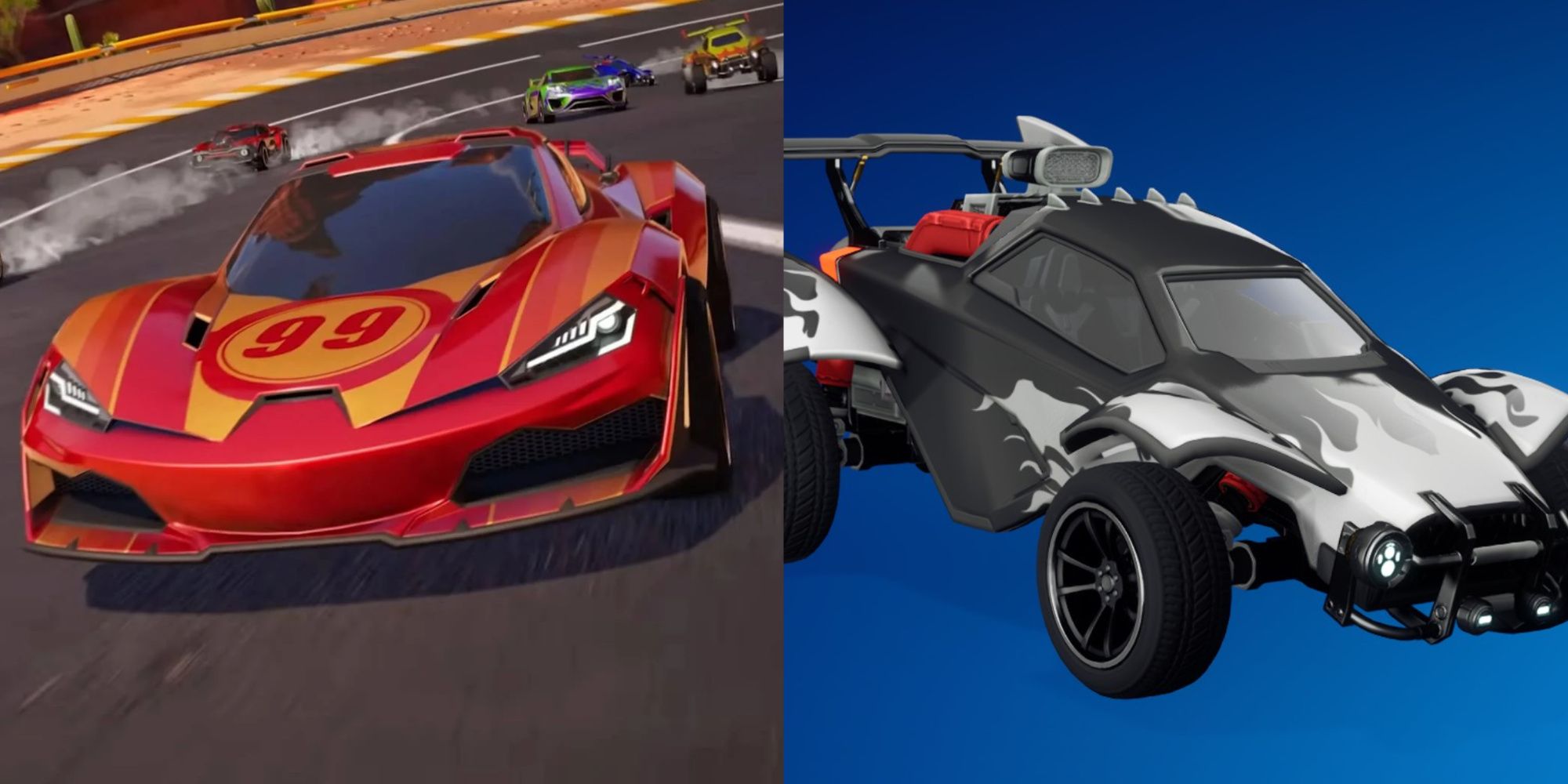 A split image featuring two cars from Fortnite Rocket Racing, showcasing two different decal styles.