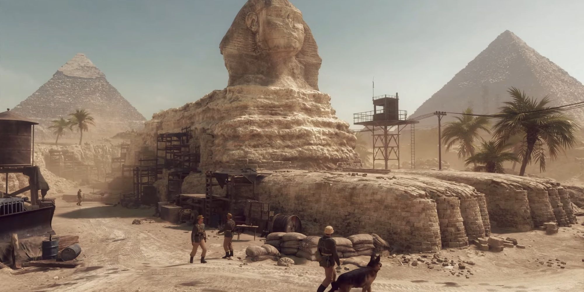 Close-up of the Egypt setting in Indiana Jones and the Great Circle, with guards surrounding the Sphinx and Pyramids.