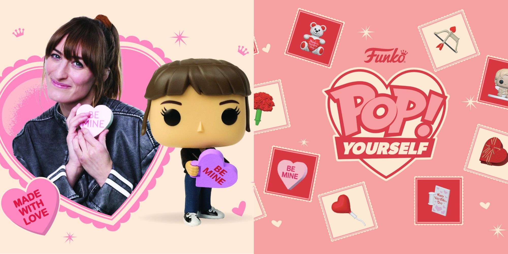 woman with her valentines funko pop yourself figure, and other accessories in the valentine's collection