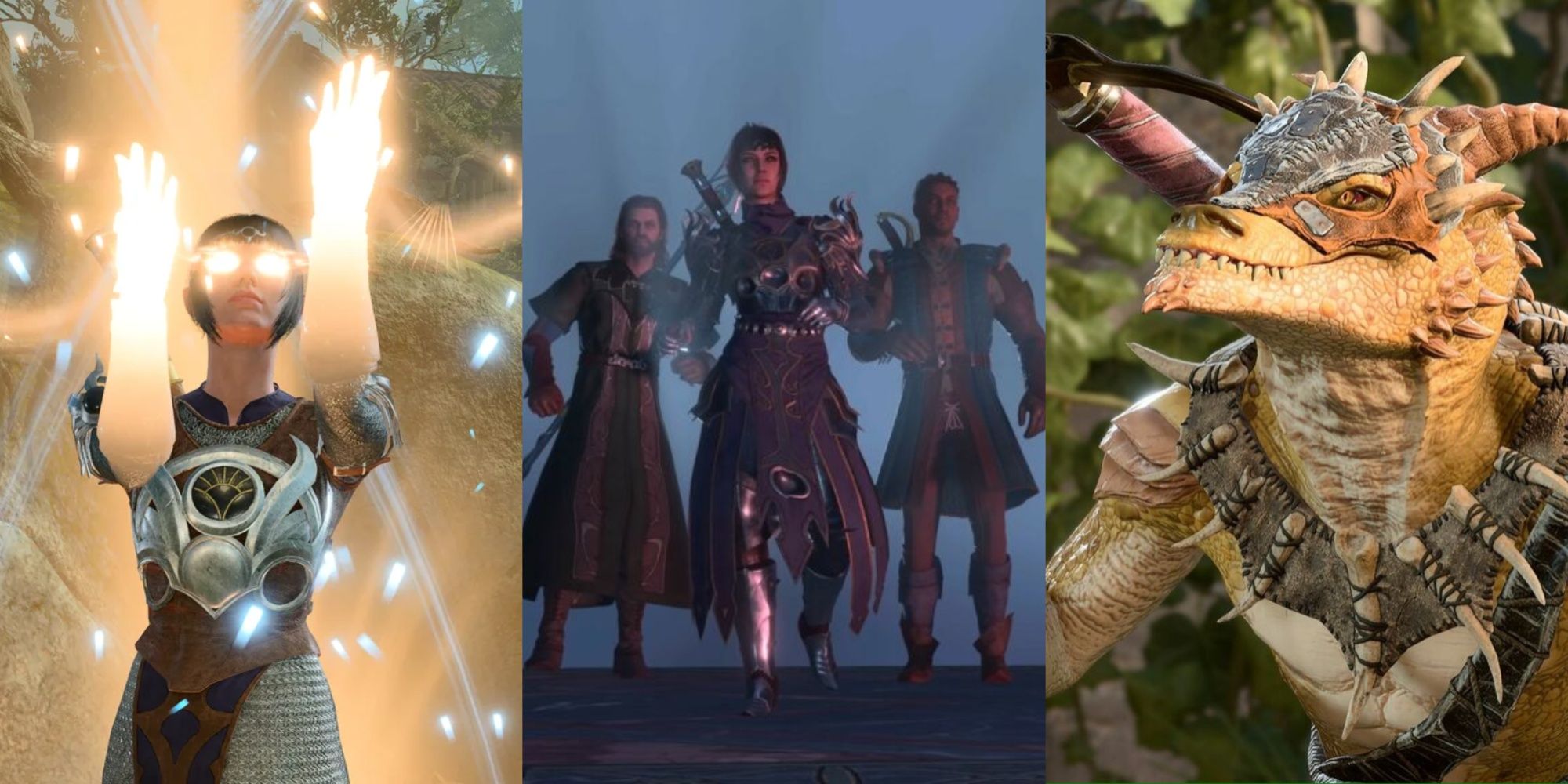 Geteiltes Bild, das zeigt, wie Shadowheart einen Zauber wirkt, einen Kobold und Wyll, Gale und Shadowheart nebeneinander in Baldurs Tor 3
