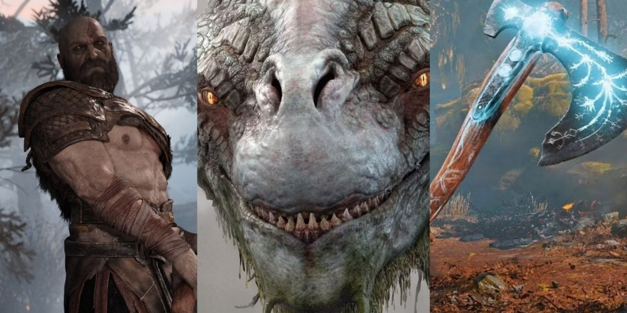 A collage of God Of War 2018's Kratos standing by a tree, a close-up of Jormungandr, and the Leviathan Axe.