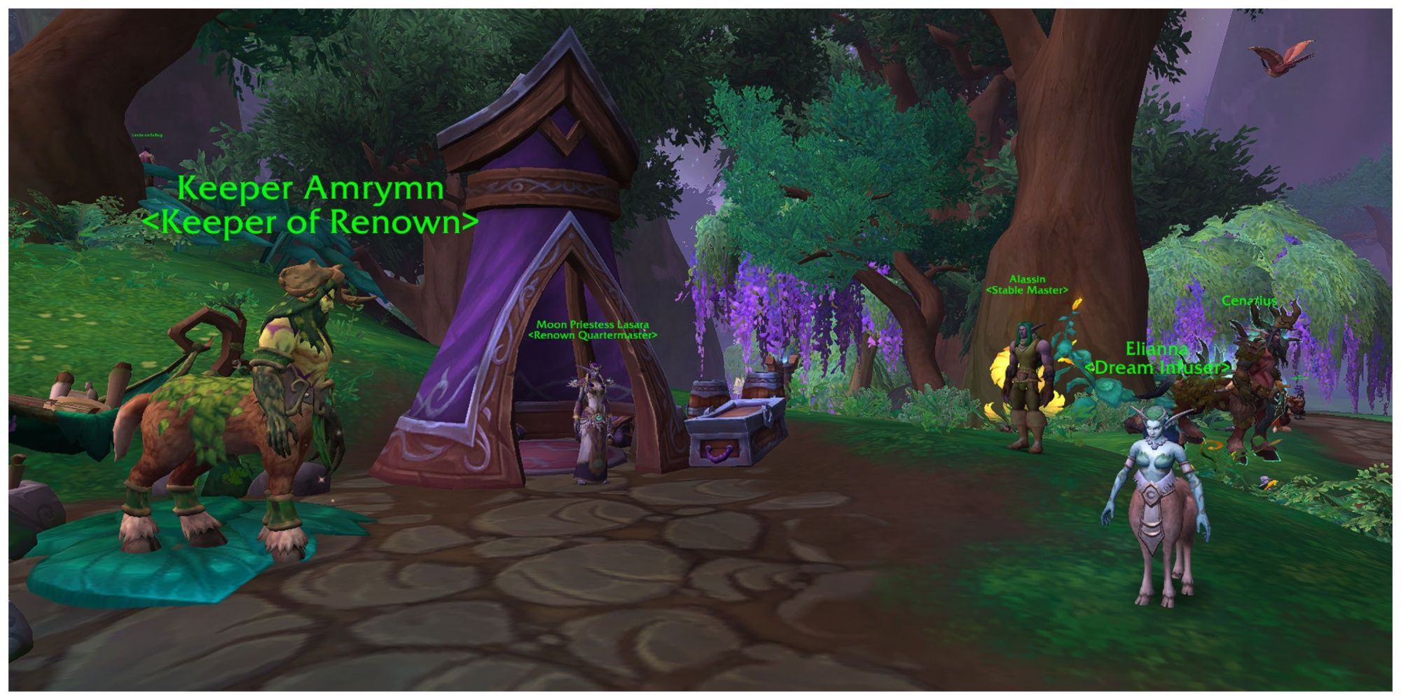 Druiden und Dryaden von World of Warcraft versammeln sich in der Nähe eines violetten Zeltes