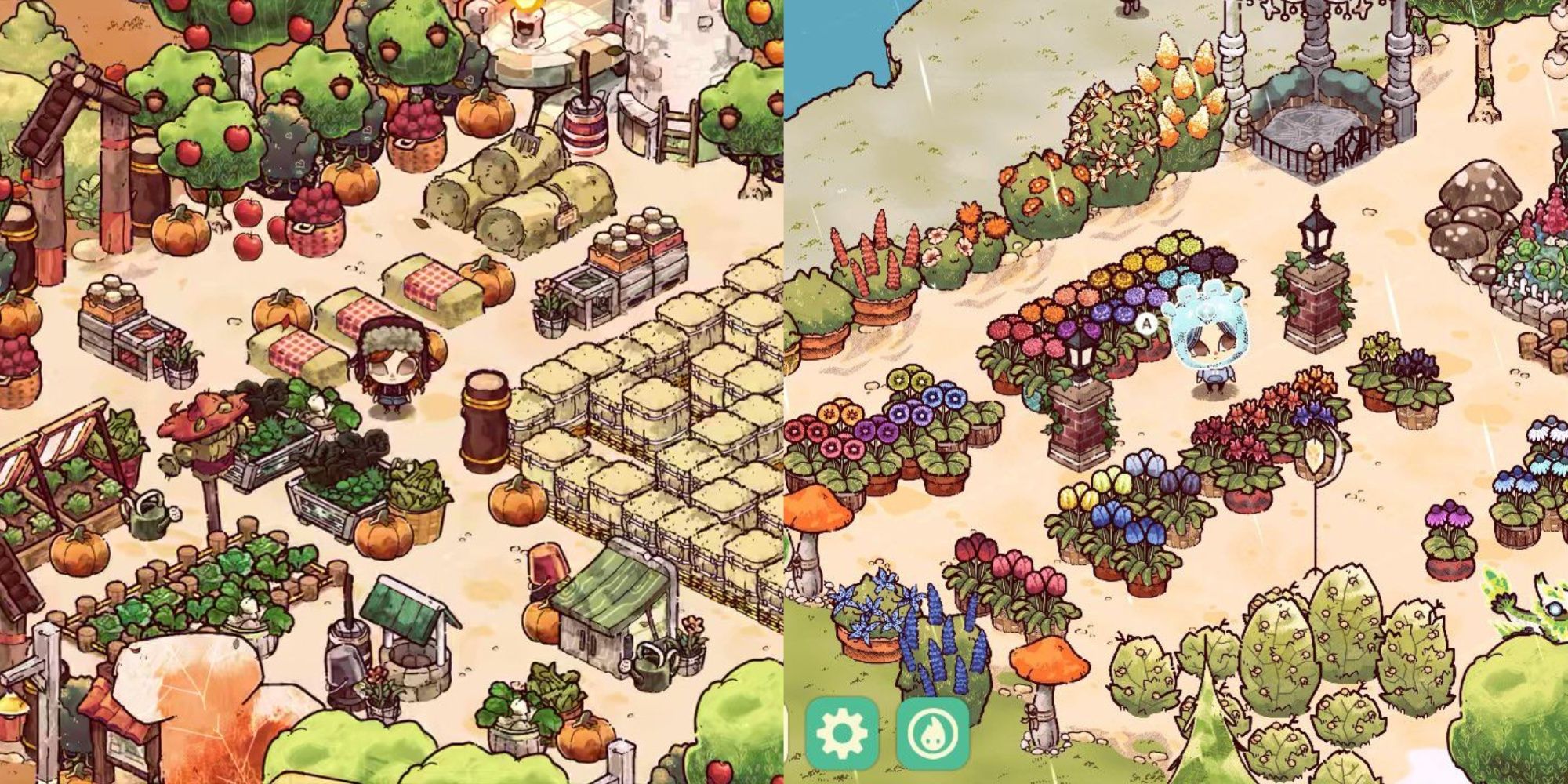 Cozy Grove Player Standing Among Farm Furniture And Floral Items In Base With Flower Pots And Trees