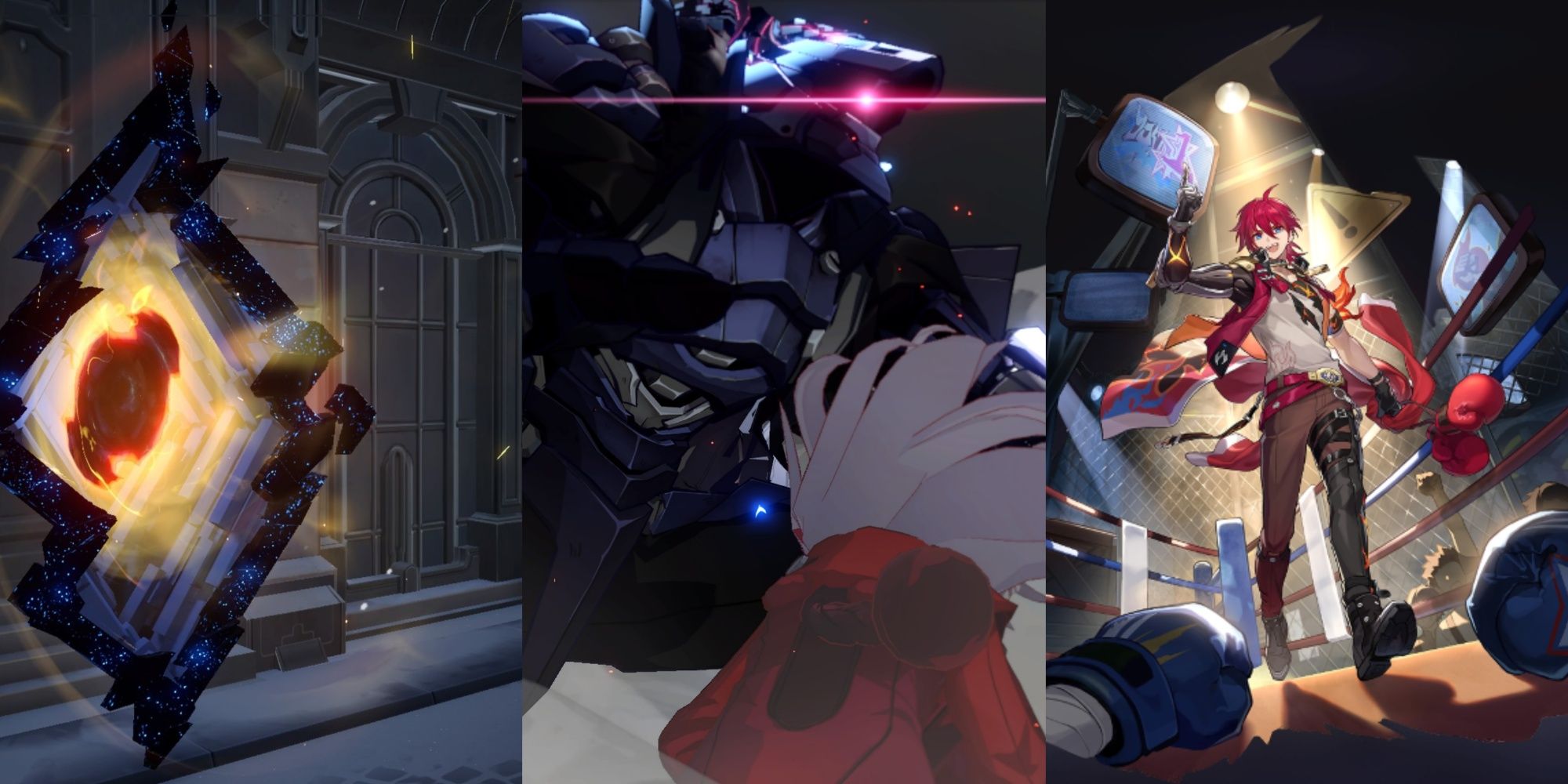 Split image featuring the entrance to a domain location, Svarog protecting Clara during her ultimate, and drawn artwork of Luka posing in Honkai: Star Rail.