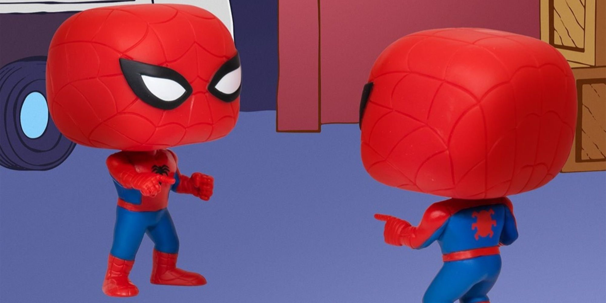 spider-man imposter funko pops pointing at each other