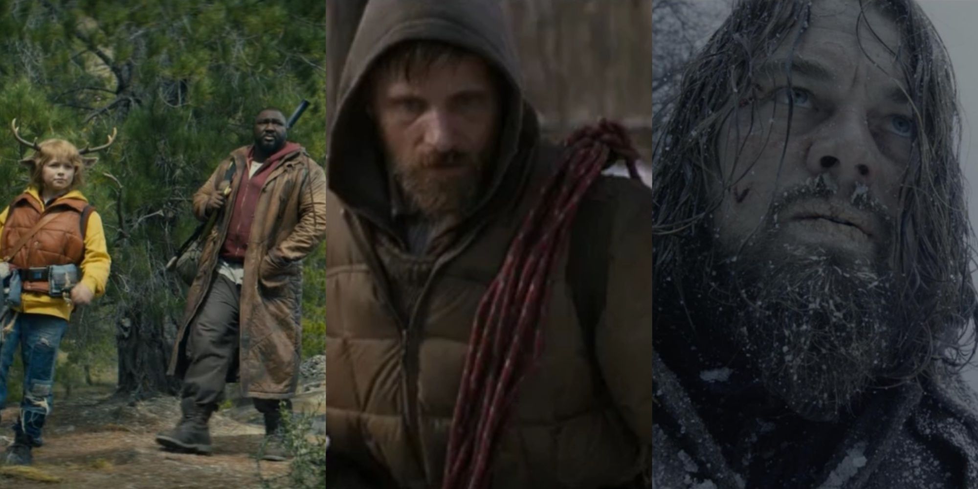 Three-image collage of the main characters from Netflix's Sweet Tooth, Viggo Mortensen's character in The Road, and Leonardo DiCaprio in The Revenant.