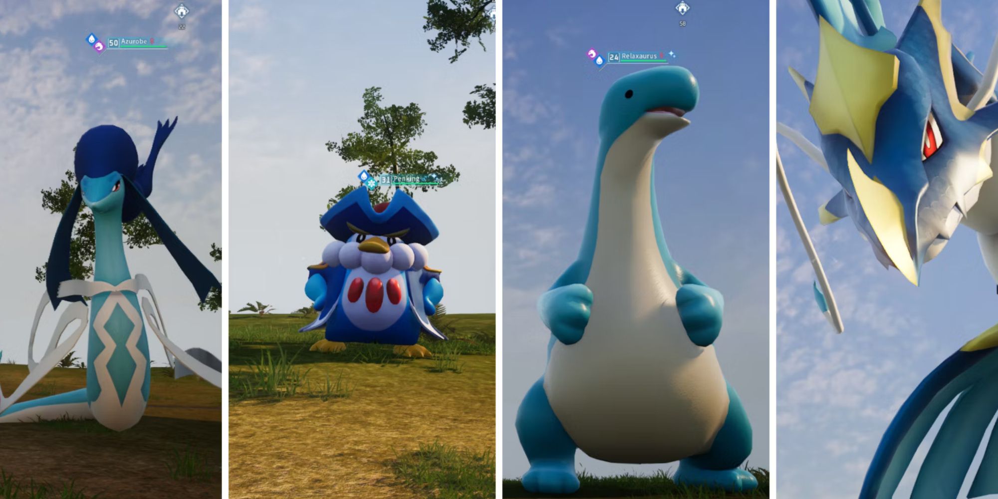 A collage showing four water-type pals standing on the ground.