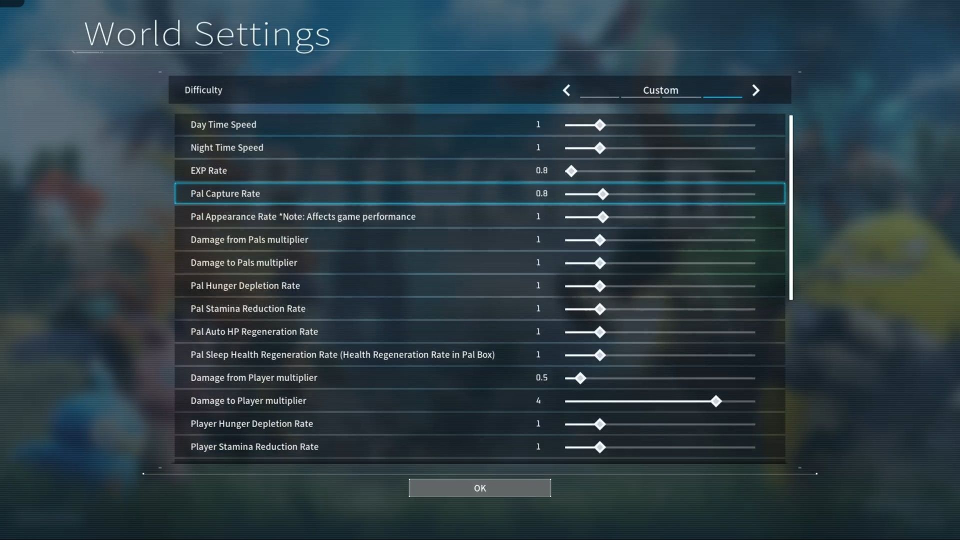 The custom menu, where players can adjust various settings in Palworld.