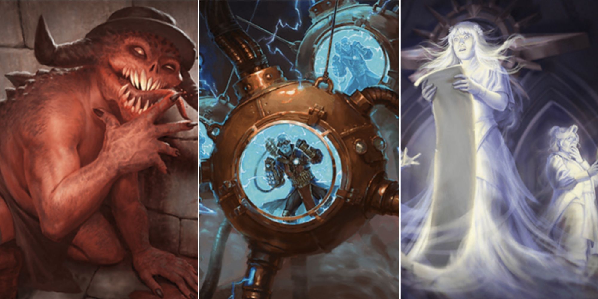 Magic: The Gathering card art for Carnage Interpreter, Corporeal Projection, and Afterlife Insurance