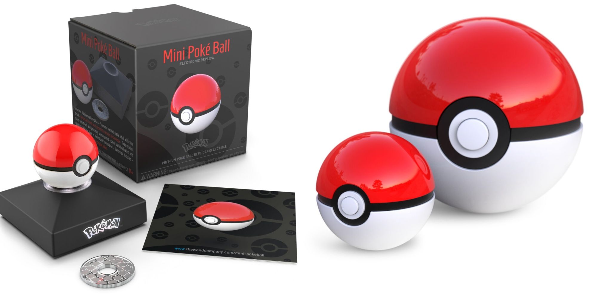 the wand company's mini poke ball on a stand, with its packaging, and next to a full size replica