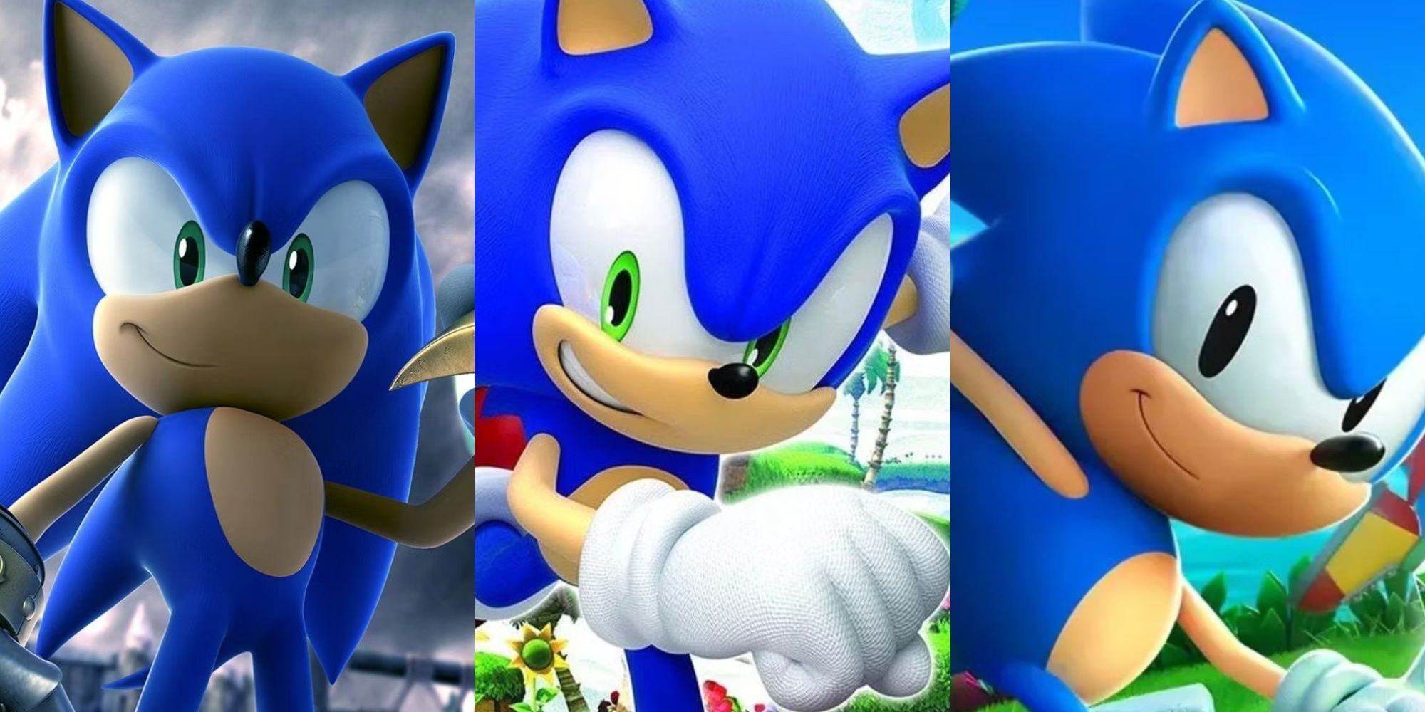A collage showing three close shots of Sonic in three different games: Black Knight, Generations, and Superstars.