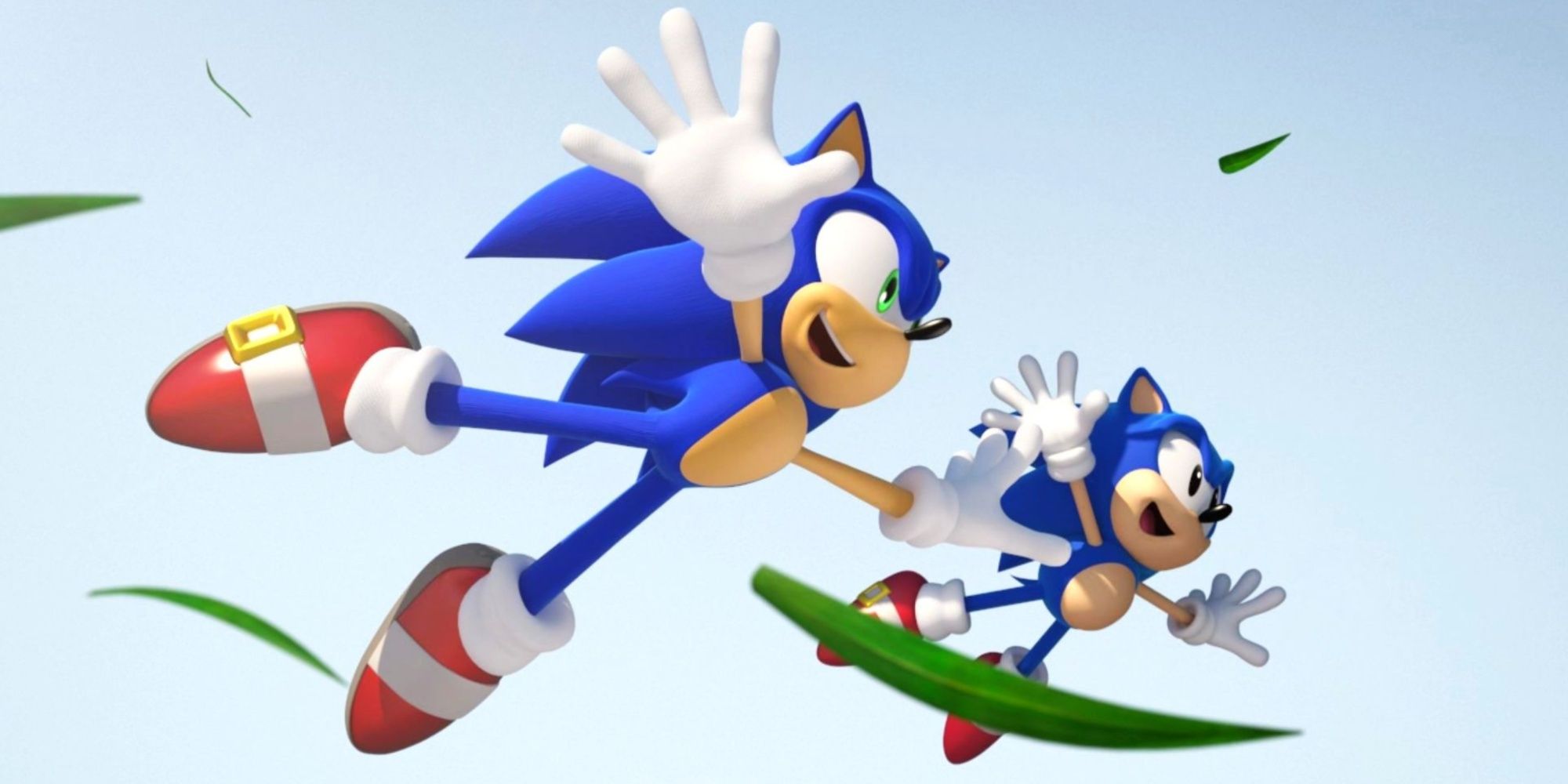 new sonic and classic sonic flying through the air